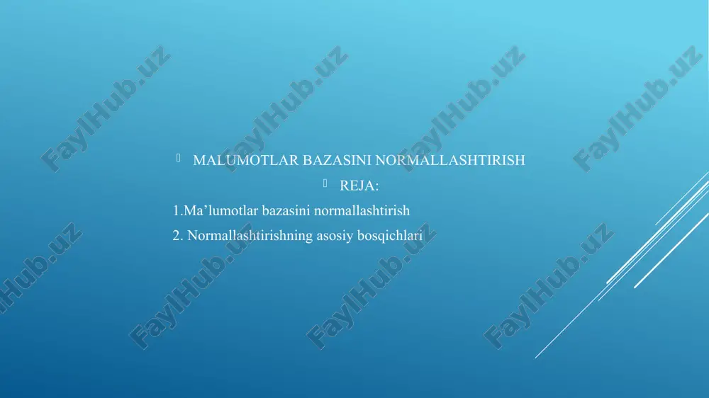 alohida jadvalga o'tkazilishi kerak. uchinchi normal forma (3nf) jadval 2nfga mos bo'lishi kerak. har bir atribut, faqatgina asosiy kalitga bog'lanishi kerak, va boshqa atributlar o'rtasidagi transitive (kesish) bog'lanishlarni oldini olish kerak. misol: agar "talaba id" asosiy kalit bo'lsa va "talaba manzili" va "manzil shahri" o'rtasida bog'lanish mavjud bo'lsa, u holda "shahri" atributini alohida jadvalga ajratish kerak. to'rtinchi normal forma (4nf) jadval 3nfga mos bo'lishi kerak. ko'p qiymatli bog'lanishlar (multivalued dependencies) oldini olish kerak. misol: agar bir jadvalda biror xususiyat (masalan, "talaba id") uchun bir nechta boshqa atributlar (masalan, "til" va "sport turi") mavjud bo'lsa, ular mustaqil bo'lib, alohida jadvalga ajratilishi kerak. beshinchi normal forma (5nf) jadval 4nfga mos bo'lishi kerak. beshinchi normal formadagi asosiy printsip, shunda jadvalda hech qanday xususiyatlar orasida bog'lanish bo'lmasligi kerak. bu holatda, barcha bog'lanishlar faqat asosiy kalitga asoslanishi kerak. normallashtirishning afzalliklari: redundansiya kamayadi: ma'lumotlarni takrorlanishini kamaytirish orqali saqlash va ishlov berish samarali bo'ladi. integratsiya yaxshilanadi: o'zgartirishlar …