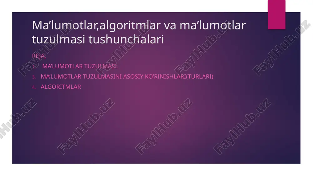 tek(stak):elementlar fifo(last in,first out)tartibida saqlanadi.oxirgi kiritilgan element birinchi chiqadi. daraxt(tree):ierarxik tuzulma bo’lib ,elementlar tugunlar(nodes)orqali bog’langan.masalan,ikkilik daraxt(binary tree). graf(graph):tugun va ular orasidagi bog’lanishlardan iborat tuzulma.ijtimoiy tarmoqlar yoki yo’l xaritalarida qo’llaniladi. xash jadvali(hash table):ma’lumotlarga tezkor kirishni ta’minlash uchun xesh funksiyadan foydalandi.bu kalit qiymat juftlarini saqlash uchun ishlatiladi. ma’lumotlar tuzulmasining afzaliklari; samaradorlik:ma’lumotlarga tez va samarali kirish imkonini beradi. tartib:ma’lumotlarni lozim bo’lganda tartibda saqlash imkoniyatini beradi. moslashuvchanlik:har xil turdagi muammolar uchun turli xil tuzulmalarni qo’llash mumkin,bu esa kodni takrorlamaslikka yordam beradi. algoritm-ma’lum bir qonuniyatga asoslangan buyruqlar ketma ketligi. algoritm samaradorligi quyidagicha : ishlash vaqti; xotiradan egallaydigan joyi; operatsiyalar soni; quyidagi ta’moyillarga asoslanadi. algoritm - bu muammoni hal qilish uchun aniq ketma-ketlikda berilgan ko'rsatmalar to'plami. algoritmni huddi ovqat pishirish uchun berilgan reseptga o'xshatish mumkin. yaxshi algoritmning belgilari: kirish (muammo) va chiqish (yechim) aniq berilgan bo'lishi kerak. algoritmning har bir bosqichi aniq va ravshan bo'lishi kerak. algoritm muammoni hal qilishning turli usullari orasida eng samaralisi bo'lishi …