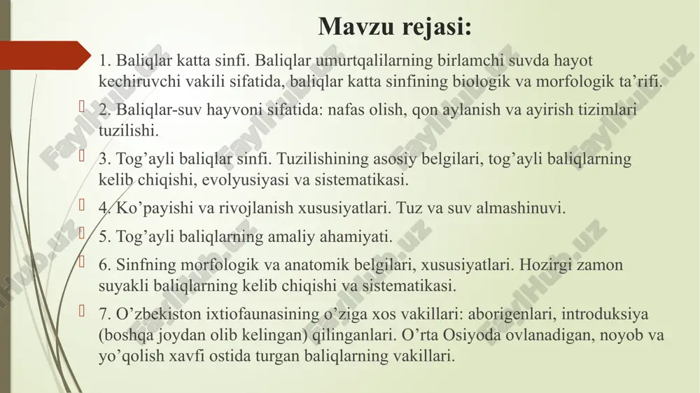 rkumi elektr skatlar (torpedinidae) oilasi dengiz ajinalari (mobulidae) oilasiga ikkinchi orqa suzgich birinchi orqa suzgich havo sachratqich burun teshigi rostrum tashqi jabra yoriqlari ko’krak suzgich qorin suzgich orqa suzgich akulaning tashqi tuzilishi akula skeletining sxemasi 1-umurtqalari. 2-umurtqalarining uslki yoylari; 3-umurtqalarining past-a ki yoylari; 4-qovurg’alari; 5-miya qulisi; 6-hidlov kapsulasi; 7-eshituv kapsulasi; 8-jabra yoyi; 9-tilosti yoyi; 10-tanglay-kvadrat tog'ay;11-mekkel tog'ayi; 12-radialiyalar; 13-yelka kamari; 14-chanoq kamari; 15-bazaliyalar. akula bosh skeletining yon tomonaan ko'rinishi 1-eshituv kapsulasi; 2-ko’z kosasi; 3-hidlov kapsulasi; 4- rostrum tog’aylari; 5-8-jabra yoylari; 9 - jabralararo to'sqichni tutib turadigan qil tikanlar; 10-gioid;11-giomandibulyar tog'ayi; 12 - tanglay-kvadrat tog'ayi;13-mekkel tog'ayi; 14 - lab to g 'ay la ri. ichi yorilgan akula (erkagi) i - burun teshigi; 2 - o g 'iz teshigi; 3 - jabralar; 4 - tashqi jab ra teshiklari; 5 - venoz q o 'ltig 'i; 6 - yurak oldi b o 'lm a si; 7 - yurak qorinchasi; 8 – arterial konusi; …