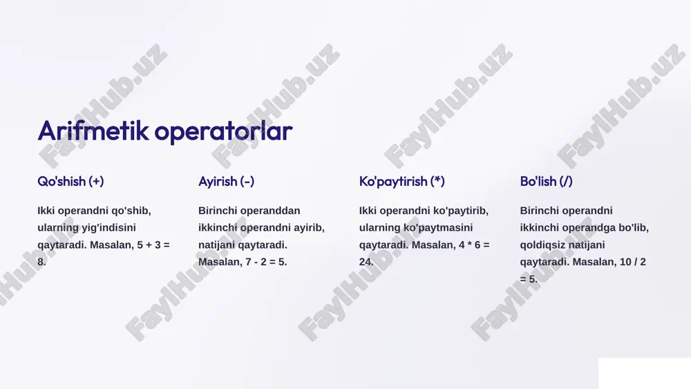 ks holda "0" bo'ladi. 2 bitli yo'ki (|) ikki operandning mos bitlarini yo'ki operatsiyasi yordamida birlashtiradi. kamida bitta bit "1" bo'lsa, natija "1" bo'ladi, aks holda "0" bo'ladi. 3 bitli xor (^) ikki operandning mos bitlarini xor operatsiyasi yordamida birlashtiradi. bitlar bir-biridan farq qilsa, natija "1" bo'ladi, aks holda "0" bo'ladi. 4 bitni chapga siljitish ( >) birinchi operandning bitlarini o'ngga ma'lum miqdorda siljitadi. bu operandning qiymatini 2 ning siljish miqdoriga teng marta kamaytirishga teng. tayyor bo'lish operatorlari o'lcham operatori (sizeof) o'zgaruvchining yoki ma'lumot turining o'lchamini baytlar miqdorida qaytaradi. manzil operatori (&) o'zgaruvchining xotirada joylashgan manzilini qaytaradi. qiymat operatori (*) ko'rsatgich o'zgaruvchisi tomonidan ko'rsatilgan manzilga joylashgan qiymatni qaytaradi. murojaat operatorlari 1 funktsiya chaqirish operatori () funktsiyani chaqirish va natijani olish uchun ishlatiladi. 2 indeks operatori [] massivning elementlariga murojaat qilish uchun ishlatiladi. 3 chiqish operatori ( >) klaviaturadan (stdin) ma'lumotlarni olish uchun ishlatiladi. operatorlar orasidagi ustuvorlik 1 ustuvorlik darajasi operatorlar …