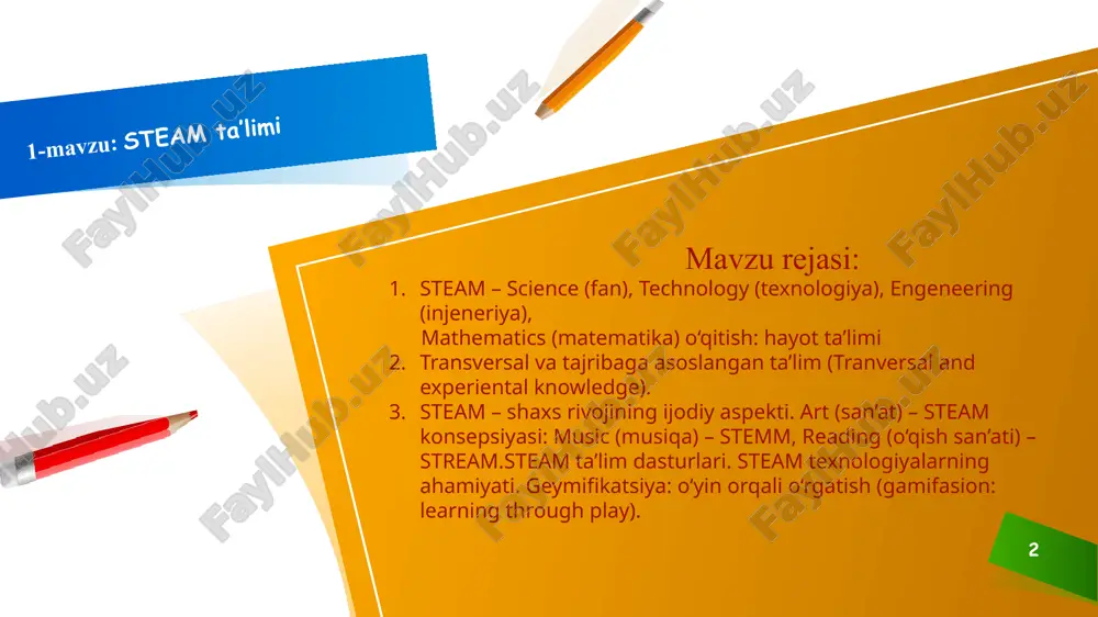 egallashga zamin yaratilishini namoyon etish va kreativlik mohiyatini anglatish davlatning rivojlanishi ta`limga bog`liq 5 s t e a m 5 6 steam dasturlari 3-14 yoshdagi o‘quvchilarning muttasil ravishda o‘tkaziladigan mashg‘ulotlarga qiziqishlarini orttiradi. masalan, fizika darslarida yerning tortish kuchi o‘rganilganda , doskada formulalarni yozib tushuntirilsa, steam to‘garaklarida raketalar, samolyotlar, parashyutlar qurib, ishga tushirib o‘z bilimlarini mustahkamlaydilar. o‘quvchilar o‘zlari ko‘rmagan yoki eshitmagan atamalarni har doim ham tez anglab etmaydilar. masalan, temperatura ortishi bilan bosimning yoki hajmning ortishi. steam dasturi 2-reja:steam – science (fan), technology (texnologiya), engeneering (injeneriya), mathematics (matematika) o‘qitish: hayot ta’limi intilganga to`le yor robotexnika jadallashib rivojlanmoqda 7 steam mashg‘ulotlarida ular qiziqarli eksperimentlar o‘tkazganlarida bu atamalarni osongina tushunib olishlari mumkin steam 9 3-reja: steam – shaxs rivojining ijodiy aspekti. 9 ta’limda steam yondashuv umumta’lim maktablarida sinf-dars tizimidan loyihaviy faoliyatga tomon o‘tish, fundamental bilimlarni funksional bilimlarga ko‘chirish, ularni amaliyotda faol qo‘llash jarayoni orqali fanlar integratsiyasi, kesishmasida muammolar yechimining yangicha yo‘llarini izlash, lozim …