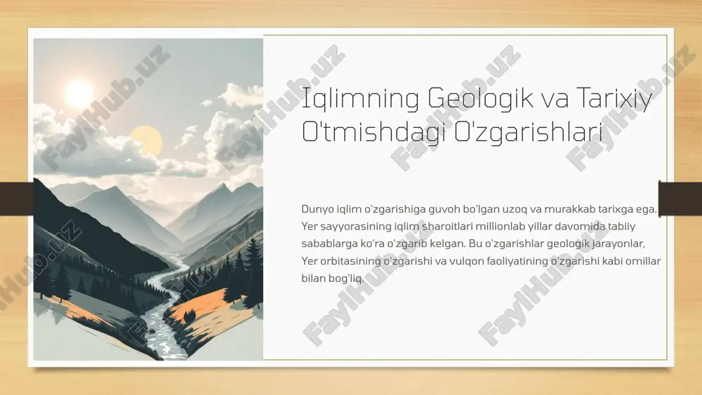 1 yer orbitasining o'zgarishi yer orbitasi quyosh atrofida harakatlanayotganda o'zgarib turadi. bu o'zgarishlar yerga tushadigan quyosh nurining miqdoriga ta'sir qiladi. 2 vulqon faoliyati vulqonlarning faolligi atmosferaga katta miqdorda gazlarni chiqaradi. bu gazlar yerning issiqlik balansini o'zgartirib, iqlimni o'zgartirishi mumkin. 3 yerda sodir bo'layotgan geologik jarayonlar kontinental siljish va tog'larning ko'tarilishi kabi jarayonlar yer yuzasining shaklini o'zgartirib, iqlimga ta'sir qiladi. 6 antropogen iqlim o'zgarishi sanoat faoliyati va fosil yoqilg'ilarni yondirish natijasida atmosferaga gazlar chiqariladi. transport vositalari ham atmosferaga gazlar chiqaradi. bu gazlar issiqxona effektini kuchaytiradi. o'rmonlarning kesilishi va o'rmon yong'inlari karbonat assimilyatsiyasi jarayonini buzadi. 7 iqlim o'zgarishining ta'siri havoning isishi o'rtacha haroratning ko'tarilishi. muzliklarning erishi dengiz sathining ko'tarilishi. o'simliklarning tarqalishi ba'zi o'simliklarning o'sishi, boshqalarining esa yo'qolishi. ob-havo hodisalarining kuchayishi qurg'oqchilik, toshqin, bo'ronlarning tez-tez sodir bo'lishi. 8 iqlim o'zgarishining oldini olish fosil yoqilg'ilarni iste'mol qilishni kamaytirish qayta tiklanadigan energiya manbalaridan foydalanish. o'rmonlarni saqlash va tiklash karbonat assimilyatsiyasi jarayonini kuchaytirish. energiyani tejash energiya …