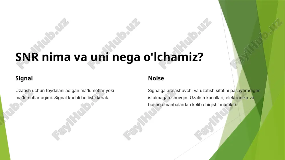 pasaytirishi mumkin. masalan, boshqa radiostantsiyalar yoki radarlar. 6 optik telekommunikatsiya va snr tolali kabelning sifati yuqori sifatli tolali kabel shovqin darajasini minimallashtiradi. nurlarni birlashtirish nurlarni birlashtirish texnologiyasi snr ni oshirishga yordam beradi. optik kuchaytirgichlar optik kuchaytirgichlar signal kuchini oshirib, snr ni yaxshilaydi. 7 snr ni nazorat qilish 1 nazorat qilish tizimlari 2 monitoring dasturlari 3 spektral tahlil 4 signallarni o'lchash 5 shovqin darajasini o'lchash 8 snr ni oshirish orqali uzatish sifatini yaxshilash 1 ma'lumotlar uzatish tezligi 2 signal sifati 3 aloqa ishonchliligi 4 uzatish xatolari 9 xulosa va takliflar snr - bu telekommunikatsiya tizimlarida muhim omil. uni oshirish ma'lumot uzatish sifatini yaxshilaydi. kabel va radioaloqa tizimlarida snr ni nazorat qilish muhimdir. optik telekommunikatsiya snr ni oshirish imkoniyatlarini taklif etadi. siz snr ni monitoring qilish va uni oshirish choralarini ko'rish orqali ma'lumot uzatish sifatini yaxshilaysiz. 10 image1.png image2.png image3.png image4.png image5.png image6.png image7.png image8.png image9.png image10.png image11.png image12.png image13.png image14.png image15.png …