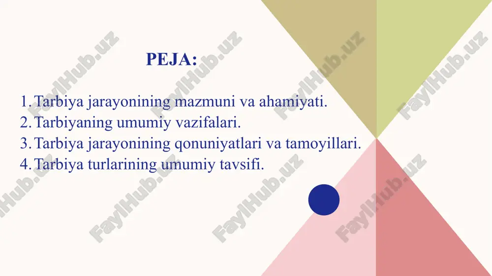 jtimoiy-kasbiy guruhlarning qiziqishlarini hisobga olgan holda ijtimoiy munosabatlar doirasida jamiyat a’zolarming harakatini tartibga solish. 8 3.tarbiya jarayonining qonuniyatlari va tamoyillari. tarbiya jarayoni o'qituvchi va ta’lim oluvchi (tarbiyachi va tarbiyalanuvchi)lar o'rtasida tashkil etiluvchi hamda aniq maqsadga yo'naltirilgan hamkorlik jarayonidir. tarbiya jarayoni o‘ziga xos xususiyatlarga ega: tarbiya jarayonining o‘ziga xos xususiyatlari maqsadga yo'naltirilganligi ko‘p qirrali jarayon biroq kafolatlanishi zarurligi ikki tomonlamaiilik natijalaming oldindan aniqlanmasligi variativligi uzoq muddat davom etishi yaxlitligi uzluksizligi tarbiya qonuniyatlari - bu bir tomondan, ijtimoiy hodisa sifatida tarbiyaning xususiyatlari, ikkinchi tomondan, shaxsning rivojlanishi bilan bog‘liq bo'lgan barqaror aloqalar yig'indisi. tarbiya jarayonining quyidagi qonuniyatlari mavjud: ijtimoiy muhitning obyektiv va subyektiv omillariga bog'liqligi; tarbiyaning shaxsning rivojlanishi bilan birligi va o‘zaro bog'liqligi; faoliyat va munosabatni e’tirof etish shaxsning ijtimoiy ahamiyatga ega fazilatlarini shakllantirishning negizi va asosiy manbai; tarbiyalanuvchilaming o'zaro tarbiyaviy ta’siri, o'zaro munosabatlari hamda faol faoliyati o‘rtasidagi bog'lanish; tarbiya va o‘zini-o‘zi tarbiyalashning intensivligi; tarbiyalanuvchining «ichki olami»ga ta’sir etishning intensivligi; tarbiyalanuvchilarda verbal va …