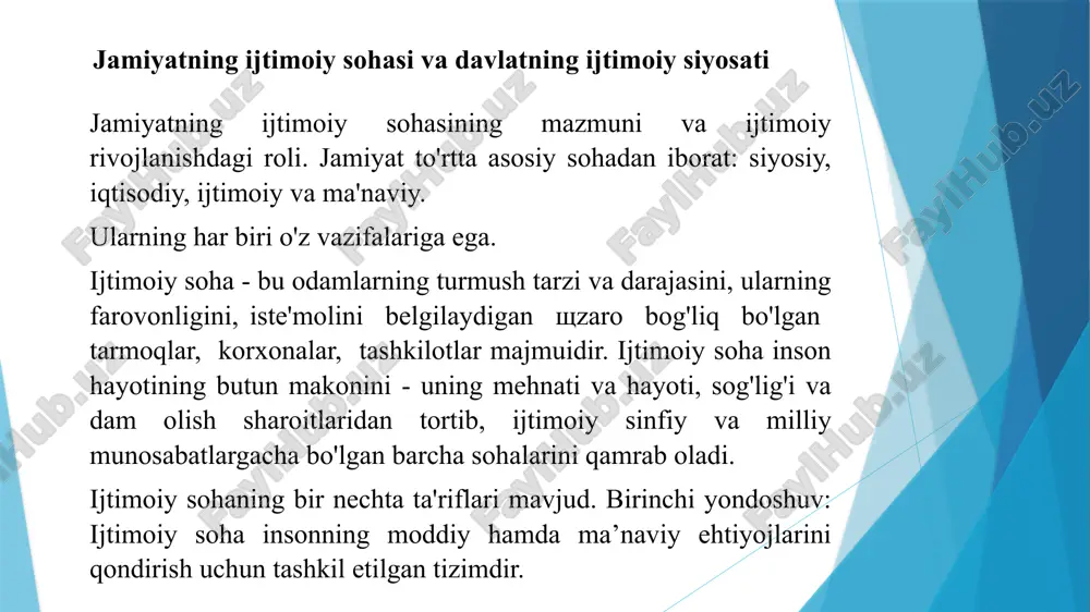 am olish sharoitlarini ta'minlaydi, insonning jismoniy rivojlanishi, uning sog'lig'i, ta'limi haqida g'amxo'rlik qiladi. boshqa bir yondashuvga ko'ra, ijtimoiy soha aholining yoshi, jinsi va shaxsiy xususiyatlari bilan farq qiluvchi demografik guruhlarini ifodalaydi. bunda jamiyatning ijtimoiy sohasiga: qariyalar, bolalar, o`smirlar, erkaklar, mehnatga layoqatli fuqarolar, ayollar, pensionerlar kiradi. uchinchi ta'rif yanada universal: jamiyatning ijtimoiy sohasi - bu turli xil ijtimoiy jamoalarda birlashgan odamlarning faoliyat sohasi. bu guruhlar bir-biridan ta'lim darajasi, daromadlari, hokimiyatdan foydalanish darajasida farqlanadi. bu sohada eng murakkab va eng ahamiyatli muammolardan biri - bu qaysi vazifalarni davlatga zimmasida qoldirish va qaysi birlarini nodavlat sektori hisoblangan xo‘jalik yurituvchilar zimmasiga o`tkazish ko‘proq maqsadga muvofiq bo‘lishini hal qilishdir. ijtimoiy sohani davlat tomonidan tartiblashning shakllari, usullari davlat tomonidan ijtimoiy sohani tartiblashning usullari va shakllarini tanlash mamlakatning iqtisodiy rivojlanish darajasi, ijtimoiy sohada davlat va nodavlat sektorlarining o‘zaro nisbati, davlatning iqtisodiy strategiyasi, ijtimoiy-iqtisodiy rivojlantirish dasturlari va boshqa ko‘p sonli omillarga bo‘gliq bo‘ladi. ijtimoiy sohani davlat tomonidan tartiblashning …