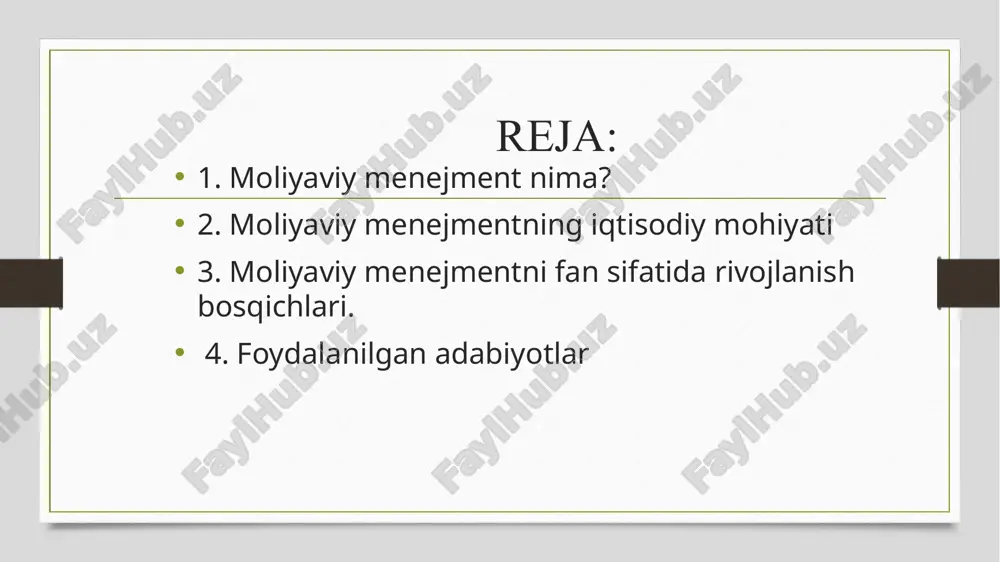 dordir. menejment dastavval iqtisodiy nazariya fani bilan yaqindan bogʻliq. u iqtisodiy qonunlarni bilib olishga va ularga mos ravishda boshqarish jarayonida iqtisodiy usullarni qoʻllashga, har bir xodimga va jamoaga taʼsir koʻrsatishga asoslanadi. bir qancha iqtisodiy fanlar: makroiqtisodiyot, mikroiqtisodiyot, statistika, mehnat iqtisodiyoti kabilar ham menejment fani bilan chambarchas bogʻliqdir. moliyaviy menejmentning iqtisodiy mohiyati moliyaviy menejmentning iqtisodiy mazmuni va amaliy jihatlarini yoritishga bag‘ishlangan ko‘plab ilmiy adabiyotlar mualliflari amerikalik iqtisodchi olimlar djeyms van xorn va djon vaxovich (james c. van horne, john m. wachowicz) moliyaviy menejmentga quyidagicha tarif beradi. moliyaviy menejment (financial management) bir nechta asosiy maqsadlarga erishishni nazarda tutgan holda aktivlarni shakllantirish, moliyalashtirish va boshqarish jarayonidir. shunga muvofiq, moliyaviy menejmentda qarorlar qabul qilish funktsiyasi quyidagi uchta asosiy yo‘nalishga qaratiladi: - investitsion, - moliyalashtirish - aktivlarni boshqarish bo‘yicha qarorlar qabul qilish. rus iqtisodchi olimi g.b.polyak boshchiligidagi olimlar guruhining ta’kidlashlaricha, moliyaviy menejment tushunchasi xo‘jalik mexanizmining faol tarkibiy qismi sifatida korxonalar moliyasini boshqarish mexanizmi yoki moliyaviy …