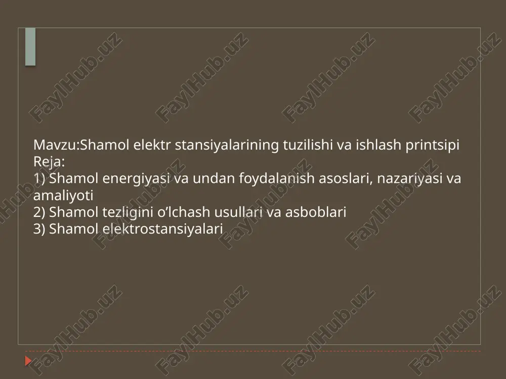 ol tezligiga to‘g‘ri proporsional va ish g‘ildiragi parraklari soniga esa teskari proporsionaldir. hozirgi kunda, seriyali ishlab chiqarilishi mumkun boigan shamol agregatlari ish (shamol) g‘ildiragining aylanishlarsoni quyidagilarga teng (ayl./min.): 3000; 1500; 1000; 250; 75; 30. shamol tezligining oshishi bilan shamol qurilmasi ish g‘ildiragining aylanishlar soni oshadi va mos holda shamol qurilmasining quvvati oshib boradi amerikaning ≪altaeros energies≫ kompaniyasi ishlab chiqqan havo shari gaz o‘tkazmaydigan mustahkam materialdan tayyorlanib, geliy yoki vodorod gazlari bilan to‘ldiriladihavo sharlari yer sathidan 500 m balandlikkacha o‘rnatilishi mumkin. havo shariga o‘rnatilgan shamol energoqurilmalari ishlab chiqaradigan elektr energiyasi, metall troslarga bog‘langan elektr simlari orqali yerga uzatiladi. kanadaning ≪magenn power≫ kompaniyasi ishlab chiqqan uchib turuvchi havo shari energetik qurilmalari ham geliy gazi bilan to‘ldiriladi. havo shari qurilmasi o‘zining gorizontal o‘qi atrofida aylanishi orqali elektr energiyasi ishlab chiqaradi. havo shari qurilmasining ma’lum balandlikdagi barqaror turishi magnus effekti hisobiga amalga oshiriladi. ishlab chiqarilgan energiya metall troslarga bogiangan elektr simlari orqali simlarni o‘rab …