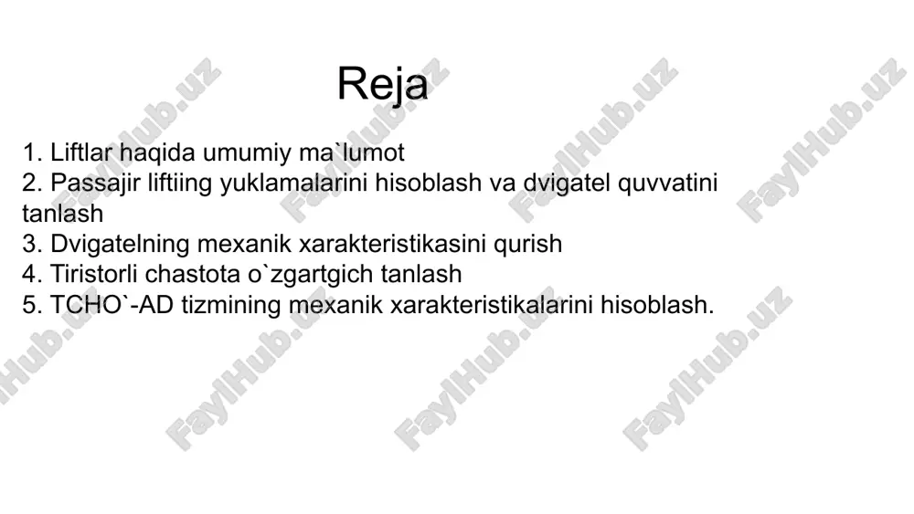 koeffitsienti, α = 0,4÷ 0,6 deb olinadi № ko’rsatgichlar 1 liftning yuk ko’tarish qobiliyati, gh1 , kg 1000 2 kabinaning og’irligi, g0, kg 800 3 kabinaning tezligi, v,m/s 1.4 4 ko’tarish balandligi, m 30 5 etajlar soni, ne 9 6 passajirlar soni 2 7 etajlar balandligi,h, m 3.1 8 kabinani to’ldirish koeffitsienti, γ 0.6 9 shkiv diametri, m 0.95 10 reduktorni uzatish soni, i 61 11 f.i.k., η 0.68 berilgan ko’rsatgichlar dvigatel tanlash dvigatel tipi - 4ah355s4u3 p2n - 315 kvt mp=mpusk/mn= 1 ηn , % - 94.5 mk=mmax/mn= 1.9 cosϕn - 0.91 x`1 - 0.11 x`µ - 4.6 x`2 - 0.14 f=50 hz r`1 - 0.019 r`2 - 0.014 dvigatel aylanish tezligi n = 60vi/πd=1717.73 ayl/min dvigatel validagi quvva p = men/9,55=295 kvt asinxron motorning nominal momenti: mn=pn/wn =1751.36 n*m asinxron motorning kritik momenti: mk=2.2*mn=2.2*1751.36=3327.5 n*m asinxron motorning kritik sirpanishi: sk=1.47 dvigatelning mexanik xarakteristikasini qurish kloss tenglamasiga s sirpanishni …