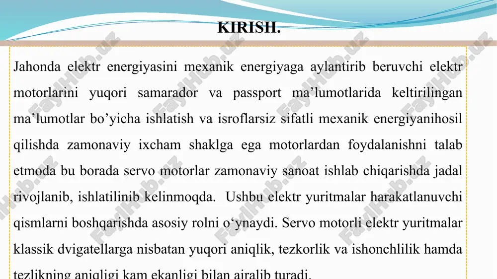 day avtomatlashtirilgan qurilma samaradorligini belgilab beradi. bugungi raqobatbardosh texnologiyalar asrida mahsulot sifatini oshirish va texnologik jarayonlarni optimallashtirish aynan shu yuritma tizimlarining imkoniyatlariga bog‘liq. mavzuning dolzarbligi bugungi kunda an‘anaviy motorlar bilan ta‘minlangan tizimlar o‘z o‘rnini intellektual servo tizimlarga bo‘shatmoqda. chunki servo motorli tizimlar nafaqat aniqlik, balki energiya tejamkorligi, uzluksiz ishlash imkoniyati va masofaviy boshqaruv kabi zamonaviy talablarni ham bajara oladi. servo motorli elektr yuritmalarning ahamiyati va qo‘llanilish sohalari hozirgi zamon sanoati, texnologiya va kundalik hayotda servo motorli elektr yuritmalar alohida ahamiyat kasb etadi. elektr yuritmalar umumiy elektr energiyasini mexanik energiyaga aylantirish uchun xizmat qiladigan tizimlar bo‘lib, ular yordamida texnologik jarayonlarda turli mexanik harakatlarni amalga oshirish mumkin. servo motorli elektr yuritmalar oddiy motorlardan farqli o‘laroq, yuqori aniqlik, boshqaruv qulayligi va avtomatlashtirish darajasi bilan ajralib turadi. servo motorli elektr yuritmalar asosan ishlab chiqarishda ishlatiladigan cnc dastgohlarida, 3d printerlarda, robototexnik qurilmalarda, avtomatlashtirilgan konveyer tizimlarida, aviatsiya va kosmik texnologiyalarda, tibbiyot uskunalarida va boshqa yuqori texnologik …