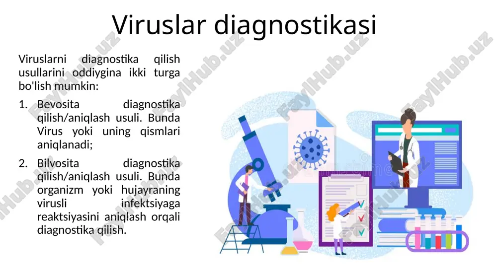 ; virusni aniqlash; namuna olish va saqlashga qo’yiladigan talablar: kerakli vaqtda olish kerak; to'g'ri joydan olish kerak; to'g'ri tarzda saqlash va tashish kerak; tashish uchun maxsus transport vositasidan foydalanish kerak; namuna ichida virusli infektsiyani saqlash kerak; namunani quritishni oldini olish kerak; bakteriyalar va zambrug’larning tushib qolishining oldini olish kerak; viruslarni tekshirish uchun biologik namunalarni yig’ish va saqlash • diagnostika uchun qanday turdagi namunalar yig'iladi? nafas olish yo'llari infektsiyalari: burun va bronxlarni yuvish, tomoq va burun bo'shlig'ini yuvish, balg'am; ko'z infektsiyalari: tomoq va kon'yunktival surtish/qirib olish; oshqozon-ichak trakti infektsiyalari: axlat va rektal tamponlar; vesikulyar toshmalar: pufakchalar suyuqligi, teri namunalari; genital infektsiyalar: pufak suyuqligi yoki tampon siydik chiqarish yo'llari infektsiyalari: siydik qon orqali yuqadigan infektsiyalar: qon immunologik usullar yordamida diagnostika qilish immunologik usullar immunologik usullar antigen va antitananing o’zaro munosabatiga asoslangan. antitana tuzilishi va turlari immunologik usullar natitana turlari poliklonal antitanalar: antizardobdan ajratiladi; har xil idotiplarni saqlaydi; ko'p turli epitoplarni taniydi; yuqori …