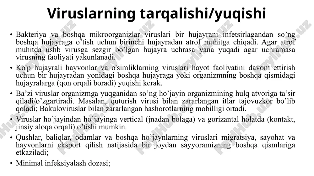 azifasini bajaradigan organizmlar tanasining biror qismi bilan tashish orqali (bir necha daqiqa ichida) va virusni ozuqa bilan yeb ma’lum vaqtdan so’ng (bir necha soat yoki kundan) qayta chiqarib virusni yuqtirishi mumkin; o’simlik viruslarining tarqalishi o’simlik viruslarining 20 % vektorlar yordamida yuqadi; viruslarning yuqushida virusning oqsillarining ahamiyati katta; o’simlik viruslarining yuqushida hashorotlar, nematodalar va zamburug’lar vector vazifasini bajarishi mumkin; umurtqali hayvonlar viruslarining yuqishi umurtqali hayvonlar viruslarining vektorsiz uzatilishi: ko’pchilik umurtqalilar(odamlar)ning viruslari shilliq qavatlar orqali yuqadi (havo tomchilari orqali, jinsiy yo’llar orqli, ovqat hazm qilish yo’llari orqali, siydik yo’llari orqali); ba’zi viruslar kasal ho’jayin bilan sog’lom ho’jayinlarning to’g’ridan to’g’ri kontakt qilishi orqali yuqadi (gerpes virusi); ba’zi viruslar onadan bolaga vertical tarzda o’tishi mumkin (tug’ruq vaqtida va ona suti orqali) umurtqali hayvonlar viruslarining vector orqali uzatilishi: umurtqali hayvonlarning viruslarini uzatuvchi vektorlar, asosan, qon bilan oziqlanadigan artropodlar bo'lib, ular kasal hayvonlar qoni bilan oziqlanganda viruslarini oladi va sog’lom organizmlarga yuqturadi; viruslar qon va qon …