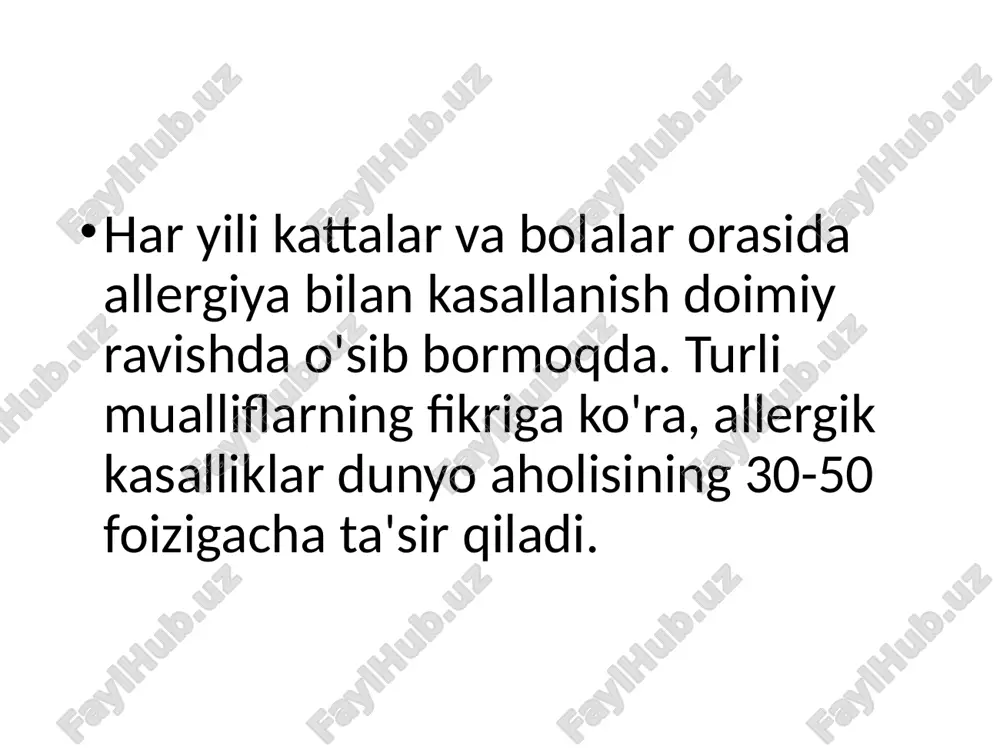 kibiy qismlariga (oqsil molekulalariga) o'ziga xos ige darajasi aniqlanadi. allergen molekulalar tabiiy manbalardan (mahalliy, tozalangan allergenlar) ajratilishi yoki rekombinant (rekombinant allergenlar) olinishi mumkin bo'lgan yuqori darajada tozalangan oqsillardir. molekulyar allergiya diagnostikasi haqiqiy reaktsiya va psevdoreaktsiya o'rtasidagi farqni aniqlash imkonini beradi. molekulyar diagnostikaning foydalari (1) molekulyar allergiya diagnostikasi allergenga xos immunoterapiya (asit) uchun preparatni to'g'ri tanlashga yordam beradi va davolash samaradorligini bashorat qiladi. molekulyar diagnostikaning foydalari (2) allergik reaktsiyalarning zo'ravonligini bashorat qilish. tuxumlar: umumiy oqsilning taxminan 80% 4 ta allergendan iborat: ovomukoid (gal d 1, 11%), ovalbumin (gal d 2, 54%), konalbumin, ovotransferrin (gal d 3, 12%) va lizozim (gal d 3, 12%). gal d 4, 3%). ovomukoid - asosiy allergen, yuqori darajada glikozillangan oqsil, proteazlarga va issiqlik bilan ishlov berishga chidamli, bir soat davomida 100 ° c da ishlov berilgandan keyin ham o'zining immunogen xususiyatlarini saqlab turishga qodir. asit samaradorligini bashorat qilish (1) asit allergenning asosiy tarkibiy qismlariga o'ziga xos …