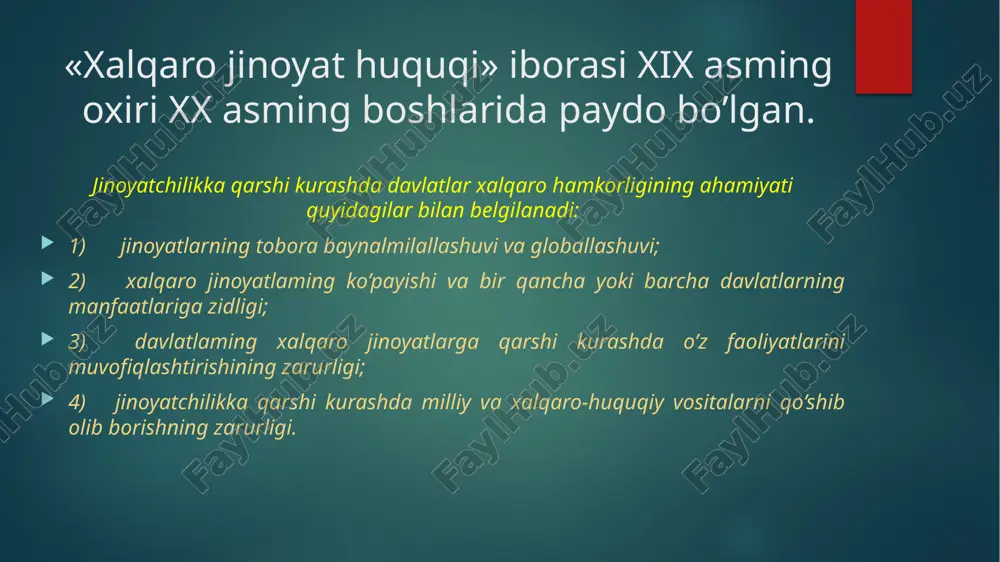 zjararli hisoblanadi. urushdan keyingi tribunallar nizomlarida ko'rsatilishicha, xalqaro jinoyatlarning turlariga quyidagilar kiradi: 1. tinchlikka qarshi jinoyatlar — bosqinchilik urushini rejalashtirish, unga tayyorgarlik ko'rish, bunday urushga yo'l ochish yo uni amalga oshirish yoki xalqaro shartnomalar yoxud ahdlashuvlami buzgan holda urush olib borish va, umuman, hattoki bunday harakatlarning birortasini amalga oshirishga yo'naltirilgan reja yoki fitnada ishtirok etish. harbiy jinoyatlar — bu urush qonunlari va odatlarini jiddiy buzishdir. harbiy jinoyatlarga quyidagilar kiradi: a) istilo etilgan hududlar aholisini o‘ldirish, qiynoqqa solish yoki majburiy mehnat uchun haydab ketish; b) harbiy asirlarni o'ldirish yoki qiynoqqa solish; d) garovdagilarni o'ldirish; e) jamoat mulki va xususiy mulkni talon-toroj etish; f) harbiy zarurat talab etmagan hollarda shaharlar va qishloqlarni maqsadsiz ravishda yakson qilish, xonavayron etish va boshqa shu kabi xatti-harakatlarni sodir etish. sobiq yugoslaviya uchun tribunal nizomida ushbu ro‘yxat quyidagilar hisobiga yanada to‘ldirildi va aniqlashtirildi: a) biologik sinovlar; b) harbiy yoki fuqaro shaxsni dushman tomonning qurolli kuchlarida xizmat qilishga …