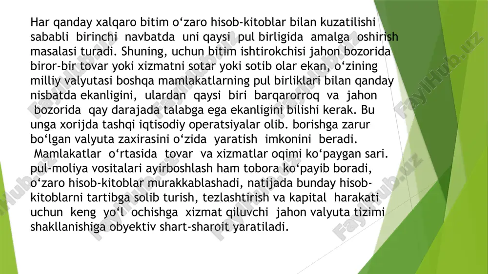 a va olib chiqishga ruxsat beradi. demak, milliy valyuta bahosi oltinga bog‘langan ekan. birinchidan, har bir mamlakat hukumati oltin bilan taʼminlanishi mumkin bo‘lgan miqdorda qog‘oz pullarni chiqarishga harakat qiladi, bu esa ortiqcha pul emissiyasini va u bilan bog‘liq inflyatsiyani to‘xtatib turadi; ikkinchidan, 97 turli milliy valyutalar o‘rtasidagi o‘zaro nisbatlar qayd etilgan, nisbat doimiy bo‘lib, xalqaro hisoblarda barqarorlikni taʼmin masalan, agar 1929 yilda bir funt sterling 7,32 g sof oltinni, aqsh dollari 1,5 g sof oltinni tashkil etgan bo‘lsa, ular o‘rtasidagi o‘zaro nisbat yoki oltin pariteti (tengligi) 1 f. s. = 4,86 aqsh dollari bo‘lgan. xix asr o‘rtalaridan xx asr boshlarigacha oltin standart asosan bir guruh yuqori rivojlangan mamlakatlarni qamrab olgan mukammal pul tizimi hisoblangan. 1913 yilda uch yetakchi davlat- aqsh, buyuk britaniya, fransiya hissasiga jahon oltin - monetar muomalasining 62 foizi yoki 3,5 ming tonna oltin to‘g‘ri kelgan iqtisodchilarning baholashicha 1894 yilda xalqaro to‘lov aylanmasida oltin ulushi bor yo‘g‘i 3,5 …