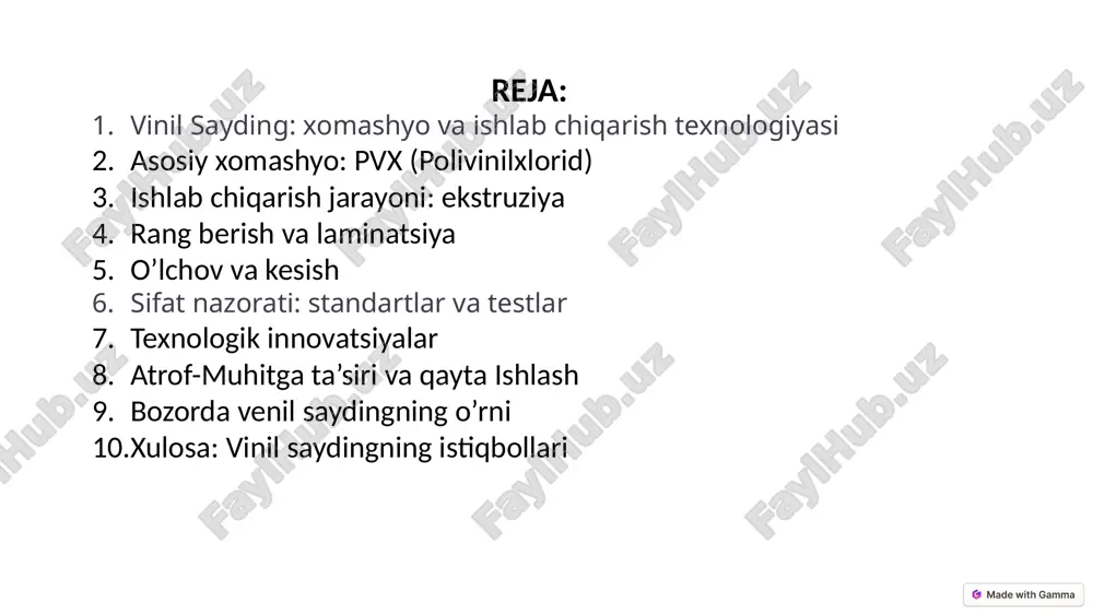 hyo komponentlarini aniq dozalash. aralashtirish pvx aralashmasini tayyorlash bosqichlari. isitish aralashmani ma'lum haroratgacha isitish. shakllantirish profilni shakllantirish va sovutish. ekstruziya liniyasining tuzilishi va ishlash prinsipi vinil sayding ishlab chiqarishning asosiy bosqichidir. pvx aralashmasi dozalash, aralashtirish va isitish orqali tayyorlanadi. uzluksiz ekstruziya jarayoni mahsulot sifatini oshiradi. ekstruziya jarayoni davomida pvx aralashmasi yuqori haroratda eritilib, kerakli profil shakliga keltiriladi. sovutish jarayoni shaklning saqlanishini ta'minlaydi. 5 rang berish va laminatsiya pigmentlar rang berish usullari: pigmentlar, bo'yoqlar. laminatsiya himoya plyonkasini yopishtirish jarayoni. uv chidamlilik ranglarning uzoq muddat saqlanishi. rang berish va laminatsiya vinil saydingning estetik ko'rinishini yaxshilash va uni tashqi ta'sirlardan himoya qilish uchun muhimdir. uv-nuriga chidamlilik va ranglarning uzoq muddat saqlanishi mahsulotning sifatini belgilaydi. ranglarning xilma-xilligi dizayn imkoniyatlarini yaratadi. laminatsiya jarayoni saydingni mexanik shikastlanishlardan va ob-havo ta'sirlaridan himoya qiladi. bu jarayon mahsulotning ishlash muddatini uzaytiradi. 6 o'lchov va kesish 1 avtomatlashtirish avtomatik o'lchash va kesish uskunalarining roli. 2 standartlar standart o'lchamlarga rioya qilish. …