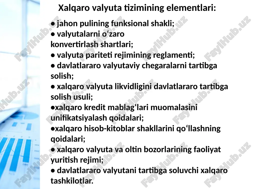 htirish jarayonida hech qanday cheklovlar mavjud bo‘lmagan valyuta. bu kabi valyutalarga egalik qiluvchi davlatlar ushbu valyutalar bilan amaliyotlarni bajarishga hech qanday to‘siqlar qo‘ymaydi. bunday valyutalarga aqsh dollari, yevro, shveysariya franki, britaniya funti, yaponiya yenasi va boshqalar kiradi. konvertatsiya bo‘lmaydigan valyuta mamlakat hukumati tomonidan valyutalarni sotish va sotib olishga yoki boshqa operatsiyalarni amalga oshirishga cheklovlar o‘rnatilgan bo‘ladi. bu shimoliy koreya voni va kuba pesolaridir. bunday pullar muomalasiga faqat mamlakat ichida ruxsat etiladi. qisman konvertatsiya bo‘ladigan valyuta bular emitent mamlakatdan tashqarida muomalasi cheklangan milliy banknotalardir. masalan, o‘zbekistonda so‘m qonuniy to‘lov vositasi hisoblanadi. mamlakat tashqarisida esa so‘mni ayirboshlash bo‘yicha cheklovlar mavjud bo‘lib, faqat ayrim xorijiy valyutalarga ayirboshlanishi mumkin. kotirovka bu xorijiy valyutaning milliy valyutadagi narxi. bir valyuta birligining boshqasiga nisbatan kursi bevosita aniqlanmagan taqdirda, talab va taklifga muvofiq birjada kotirovka kross-kurs orqali aniqlanadi. kross-kurs bu ikki valyuta qiymatining o‘zaro nisbati bo‘lib, ularning uchinchi valyutaga nisbatan kurslari orqali aniqlanadi. amalda, kross-kursni hisoblash quyidagicha bo‘ladi. …