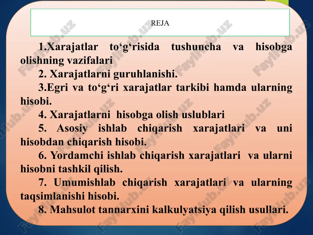 y va doimiy tartibiga qarab kompleks va bir elementli tannarxga o‘tkazish usuliga qarab to‘g‘ri va egri ishlab chiqarish hajmiga qarab o‘zgaruvchan va o‘zgarmas yuzaga kelishiga qarab doimiy va bir vaqtli ishlab chiqarish jarayonida ishtirok etishiga qarab ishlab chiqarish va tijorat samaradorlikka qarab samarali va samarasiz mahsulot ishlab chiqarish xarajatlarining guruhlanishi 2. xarajatlarni guruhlanishi. xarajtlarni tan olish mezonlari - xarajatlar bilan bog‘liq iqtisodiy manbaning korxonaga kelib tushish imkoniyati mavjud bo‘lishi; -sarflangan va kutilayotgan xarajatlar miqdorini aniq belgilash mumkin bo‘lishi lozim. -xarajatlarni maxsulot tannarxiga kiritilishi yoki davr xarajatlariga kiritilishi; -sotilgan maxsulot tannarxi miqdorini aniq belgilash mumkin bo‘lishi; mahsulot tannarxiga kiritiladigan xarajatlar; xarajatlar tarkibi o‘zbekiston respublikasida «mahsulot (ish va xizmat)larni ishlab chiqarish va sotish xarajatlarining tarkibi hamda moliyaviy natijalarni shakllantirish tartibi to‘g‘risidagi nizom»da belgilab qo‘yilgan. nizomga asosan xarajatlar ikki guruhga bo‘linib hisobga olinishi belgilangan: mahsulot tannarxiga kiritilmaydigan xarajatlar. ish haqi fondidan ijtimoiy ijtimoiy soliq; ishlab chiqarishdagi asosiy vasitalar va nomoddiy aktivlar amartizatsiyasi xarajatlari …