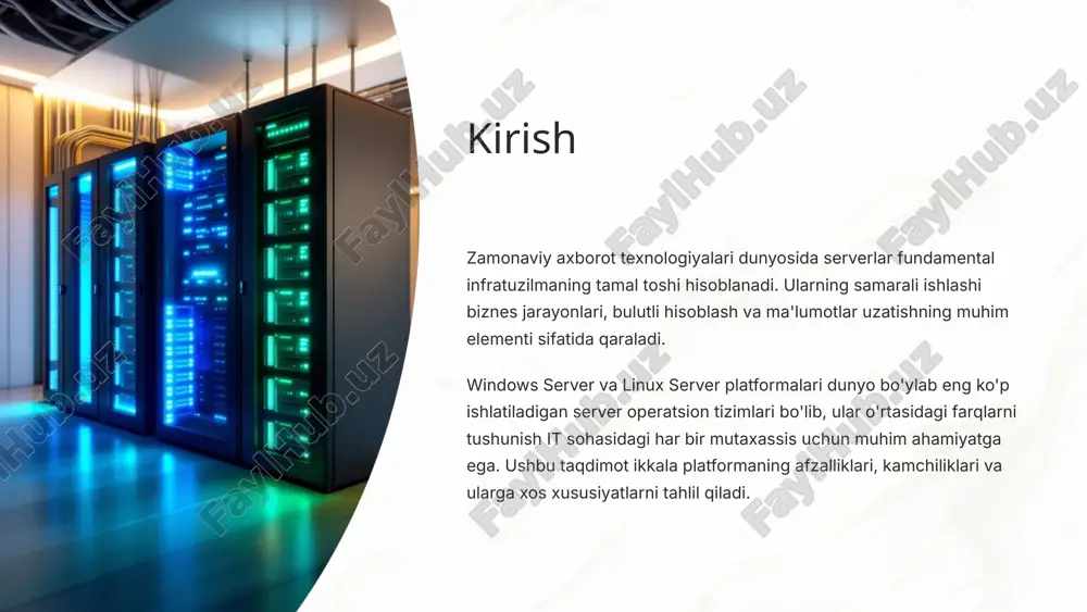 r yadro rejimida, boshqalari esa foydalanuvchi rejimida ishlaydi. microsoft tomonidan yopiq platforma sifatida ishlab chiqilgan. yopiq kod asosida cheklangan modullilik microsoft ekotizimiga bog'liqlik har ikkala platforma ham turli konfiguratsiya variantlarini taklif etadi, lekin linux tizimi ko'proq moslashtirilishi mumkin, chunki uning ochiq manba tabiati tufayli kernel darajasigacha o'zgartirish imkoniyatini beradi. 4 litsenziya va narx siyosati $0 linux asosiy narxi ko'pchilik linux distributivlari bepul yuklab olish va foydalanish uchun ochiq, xususan centos, ubuntu server, debian kabi mashhur distributivlar. $1000+ windows server litsenziyasi standard versiyalar odatda ming dollardan boshlanadi, va qo'shimcha cal (client access license) to'lovlari bilan yanada qimmatlashadi. 75% uzoq muddatli foyda tadqiqotlar ko'rsatishicha, linux serverlari uzoq muddatda umumiy egalik qiymatidan taxminan 75% tejash imkonini beradi. litsenziya siyosatidagi farqlar ko'pincha tashkilotlarning server platformasini tanlashida hal qiluvchi omil bo'ladi. linux iqtisodiy jihatdan tejamkor yechim bo'lsa-da, ba'zi hollarda windows serverni tanlash texnik yordam va ekotizim integratsiyasi kabi afzalliklarni taqdim etishi mumkin. 5 foydalanuvchi interfeysi …