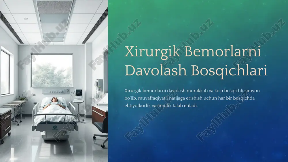 alga oshiriladi: kurasiya bemorning holatini baholash: jarrohlikdan keyin bemorning umumiy holati, qon bosimi, nafas olish faoliyati, yurak ritmi va tana harorati kabi asosiy ko‘rsatkichlar muntazam kuzatilib, ularning normada ekanligiga ishonch hosil qilinadi. infektsiyadan saqlanish: bemorning immun tizimi zaif bo‘lishi mumkin, shuning uchun infektsiya profilaktikasi uchun antibiotiklar qo‘llaniladi va sanitariya qoidalariga qat’iy rioya qilinadi. ovqatlanish va suyuqliklar iste’moli: bemorning ovqatlanish va ichimliklar iste’molini bosqichma-bosqich qayta tiklash muhimdir. ichak faoliyatini normallashtirish uchun yumshoq ovqatlar tavsiya etiladi. 1 2 3 4 darddan xalos qilish dori-darmonlar og'riqni qoldiruvchi va yallig'lanishga qarshi dori-darmonlar qo'llaniladi. fizikoterapiya yumshoq massaj, issiqlik terapiyasi va boshqa usullar og'riqni kamaytirishga yordam beradi. psixologik yordam operatsiya va tiklanish davrida stressni kamaytirish uchun psixologik yordam ko'rsatiladi. 8 reabilitatsiya 1 jismoniy mashqlar bemorning harakatlanish qobiliyatini tiklash uchun maxsus mashqlar buyuriladi. 2 fizioterapiya elektroterapiya, massaj va boshqa usullar qon aylanishini yaxshilashga va to'qimalarning tiklanishini tezlashtirishga yordam beradi. 3 kasb-hunar reabilitatsiyasi zarur bo'lganda, bemorning ish qobiliyatini …