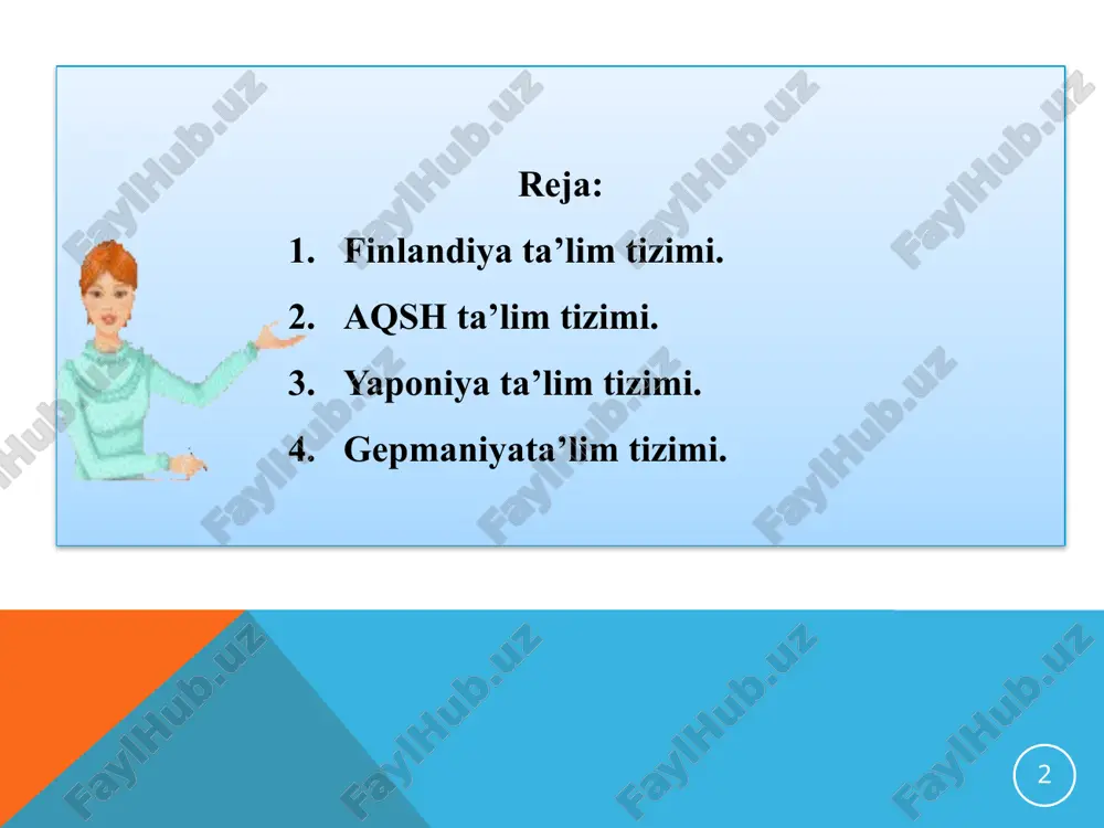 ladi.o’quv yurtlari davlat, xususiy, diniy muassasalar ixtiyorida bo’lishi mumkin. aqsh ko’p millatli mamlakat. shunga ko’ra har bir millat bolalari o’z ona tilini , milliy urf odatlarini, dinini bog’chalarda o’rganadilar. 8 amerika maktablarida o’qish har bir o’quvchi uchun faxr-iftixor bo’lishiga, o’z bilimi imkoniyatiga ishonch hissini tarbiyalashga katta e’tibor beradi. o’quvchilarni maktabdan bezdirish, ularni darslarga ishtiyoqsiz va loqayd bo’lib qolishlari favqulotda salbiy holat bo’lib hisoblanadi. o’quvchilar boshlang’ich maktabni bitirganidan so’ng qo’yi (7-8-9 sinflar) o’rta maktabda o’qishni davom ettirishadi. bu maktabni muvafaqiyatli o’tganlar yuqori, o’rta (10-11-12 sinflar) maktabga qabul qilinadi. o’quvchilar ma’lum bir sinfni, kursni yoki maktabni bitirishda test sinovlari topshiradilar. 9 amerikada yaqinda qabul qilingan «2000 yilda amerikada ta’lim strategiyasi» dasturi e’lon qilindi. bunda quyidagi asosiy vazifalar belgilandi: - 2000 yilda barcha amerikalik kichkintoylarning maktabda tayyor holda qilishlari; - aholining 90% oliy ma’lumotli bo’lishi, o’quvchilarning ingliz tili, matematika, tabiiy fanlar, tarix, geografiya fanlari bo’yicha jahonga o’z iqtidorlarini namoyish eta olishlari; - talabalarning …