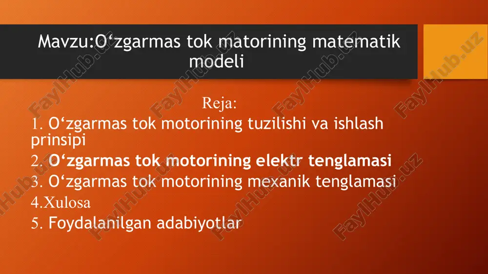 chi asosiy formuladir. bu tenglama orqali motorning kuchlanish, tok, qarshilik va elektromagnit kuch (emk) orasidagi bog‘liqlik aniqlanadi. emk eee motor aylana boshlagach hosil bo‘ladi va tokka qarshi yo‘naladi — bu elektromagnit tormoz kuchidir. dastlab motor ishga tushganda e≈0e \approx 0e≈0, shuning uchun yakor toki juda katta bo‘lishi mumkin. ishlayotgan vaqtda esa eee ortadi, va tok pasayadi. o‘zgarmas tok motorining mexanik tenglamasi mexanik tenglama: m−=j⋅ bu yerda: m — motor ishlab chiqargan foydali aylantiruvchi moment (nm) ​ — yuklama momenti (tashqi qarshilik momenti, nm) j — aylanish inersiya momenti (kg·m²) ω— burchak tezlik (rad/s) ​ — burchak tezlikning o‘zgarish tezligi, ya’ni burchak tezlanish (rad/s²) bu tenglama nyutonning 2-qonunining aylanishga oid ko‘rinishidir. agar m> bo‘lsa — motor tezlanadi. agar m rk1r_{k2} > r_{k1}rk2​>rk1​: armatyura qarshiligi yanada katta. chiziq yanada qiyalashadi, ya’ni motor kuchliroq tormozlanadi — kichik momentda ham tezlik tez tushadi. (b) grafik: magnit oqimining (φ) ta’siri bu grafikda magnit oqimi (φ) …