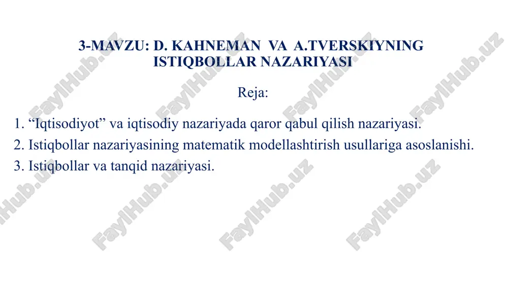 n qarordan maksimal darajada foyda koʻrmaydilar, balki eng katta psixologik nuqtai nazarga ega variantni tanlaydilar, deb taʼkidlanadi. tajribalar davomida aniqlanganidek, odamlar oʻz yutuqlari haqida koʻproq daromad olishdan koʻra koʻproq tashvishlanadilar, shuning uchun ular eng yuqori psixologik qulaylik variantini tanlashlari muhim, faqat shunda ular rentabellikni hisobga olishadi. birinchidan, odamlar yutqazish yoki yutishlariga qarab, ekvivalent vaziyatlarga (daromad va zarar nisbati boʻyicha) turlicha javob berishlari aniqlandi. bu hodisa farovonlikning oʻzgarishiga assimetrik javob deb ataladi. bir kishi yoʻqotishdan qoʻrqadi, yaʼni uning yoʻqotishlar va daromadlar haqidagi his-tuygʻulari assimetrikdir: odamni sotib olishdan qoniqish darajasi, masalan, 100 dollar, xuddi shu miqdorni yoʻqotishdan umidsizlik darajasidan ancha past, shuning uchun odamlar yoʻqotishdan qochish uchun tavakkal qilishga tayyor, lekin foyda olish uchun tavakkal qilishga moyil emaslar. ikkinchidan, tajribalar shuni koʻrsatdiki, odamlar ehtimollik toʻgʻrisida notoʻgʻri baho berishga moyil: ular yuzaga kelishi mumkin boʻlgan voqealar ehtimolini yetarlicha baholamaydilar va ehtimoli kamroq boʻlgan voqealarni ortiqcha baholaydilar. olimlar qiziq bir modelni kashf etishdi: ehtimollik …