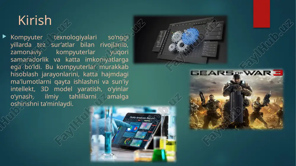 r yaratmoqda. ai yordamida tasvirlarni tahlil qilish, ovozni tanish, avtomatik jarayonlarni boshqarish, va murakkab tahlil qilish mumkin. 2.5. virtual reallik (vr) va kengaytirilgan reallik (ar): zamonaviy kompyuterlar virtual va kengaytirilgan reallik texnologiyalari uchun kuchli platformalarga ega. vr headsetlar (oculus rift, htc vive) zamonaviy grafik kartalar va kuchli protsessorlar yordamida qo‘llab-quvvatlanadi. 2.6. bulutli hisoblash (cloud computing): bulutli texnologiyalar yordamida kompyuter foydalanuvchilari o‘zining apparat va dasturiy resurslarini onlayn bulut xizmati orqali kengaytirishi mumkin. amazon web services (aws), microsoft azure, va google cloud bulutli hisoblash xizmatlarini taqdim etadi. hozirgi zamonaviy kompyuterlarning texnik parametrlari protsessorlar (cpu): intel core i9-13900k -24 yadro (8 ta performance yadro va 16 ta efficient yadro) -5.8 ghz gacha tezlik -32 mb kesh amd ryzen 9 7950x: -16 yadro, 32 ta jarayon oqimi -5.7 ghz gacha chastota -80 mb kesh grafik kartalar (gpu): nvidia geforce rtx 4090: 24 gb gddr6x xotira 16,384 cuda yadrosi 4k va 8k o‘yinlarni qo‘llab-quvvatlaydi, ray …