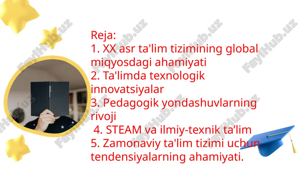 arini kengaytiradi va turli xil sohalarda bilim olish imkoniyatini yaratadi. o'qituvchilar uchun xalqaro almashuv o'qituvchilarning xalqaro almashuvi ularga boshqa mamlakatlarning ta'lim tizimlari bilan tanishish, yangi pedagogik usullarni o'rganish va o'z tajribalarini baham ko'rish imkonini beradi. 5 ta'limni shaxsiylashtirish o'quvchilarning ehtiyojlarini hisobga olish shaxsiylashtirilgan ta'lim o'quvchilarning individual ehtiyojlarini hisobga olishga qaratilgan. bu ularning qobiliyatlari, qiziqishlari va o'rganish uslublarini inobatga olib, ta'lim jarayonini moslashtirishni anglatadi. adaptive learning texnologiyalari adaptive learning texnologiyalari o'quvchilarning progressini kuzatib boradi va ularning ehtiyojlariga mos ravishda o'quv materiallari va vazifalarini avtomatik ravishda sozlaydi. o'qituvchilarning rolini o'zgartirish shaxsiylashtirilgan ta'limda o'qituvchilar o'quvchilarning o'rganishini qo'llab-quvvatlovchi va ularga yo'l-yo'riq ko'rsatuvchi rolda bo'lishadi. ular o'quvchilarning muvaffaqiyatiga yordam beradigan mentor sifatida harakat qilishadi. 6 ko'nikmalarni rivojlantirish 21 xxi asr ko'nikmalari 1 muammolarni hal qilish 2 tanqidiy fikrlash 3 ijodkorlik xxi asr ko'nikmalari - bu zamonaviy dunyoda muvaffaqiyatli bo'lish uchun zarur bo'lgan ko'nikmalar. ushbu ko'nikmalarga muammolarni hal qilish, tanqidiy fikrlash, ijodkorlik, muloqot qilish, hamkorlik qilish …