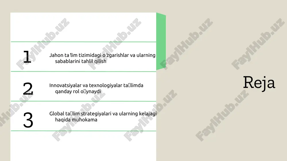ta'limning rivojlanishi", "inklyuziv ta'lim", "global hamkorlik" ], "paragraphs": [ "raqamli ta'lim so'nggi yillarda tez sur'atlar bilan rivojlanmoqda. bu, o'quvchilar uchun yangi imkoniyatlar yaratmoqda va ta'lim jarayonini yanada interaktiv va qiziqarli qilmoqda.", "inklyuzivlik, har bir talabaga ta'lim olish imkoniyatini taqdim etish maqsadida muhim ahamiyatga ega. bu, ta'lim tizimida har xil ijtimoiy guruhlarning o'zaro hamkorligini kuchaytiradi.", "global hamkorlik esa, ta'lim tizimlarining bir-biridan o'rganishi va tajriba almashish imkoniyatlarini oshiradi. bu, ta'lim sifatini yaxshilashga yordam beradi." ] } innovatsiyalar ta'limda innovatsiyalar ta'lim jarayonini tubdan o'zgartirmoqda. masalan, coursera va khan academy kabi onlayn ta'lim platformalari, talabalar uchun yangi imkoniyatlar yaratib, ta'limga kirishni osonlashtiradi. interaktiv resurslar, masalan, virtual sinflar va multimedia vositalari, o'qitish va o'qish uslublarini yangilaydi. bu kabi innovatsiyalar, o'qituvchilar va talabalar o'rtasidagi aloqani kuchaytiradi hamda ta'lim sifatini oshiradi. o'zgarishlarning ijobiy va salbiy jihatlari o'qitish va ta'limdagi o'zgarishlarni tahlil qilish muhimdir. kuchli tomonlar: yangi texnologiyalar ta'lim jarayonini yanada samarali qilishga yordam beradi, o'quvchilarning motivatsiyasini oshiradi. …
