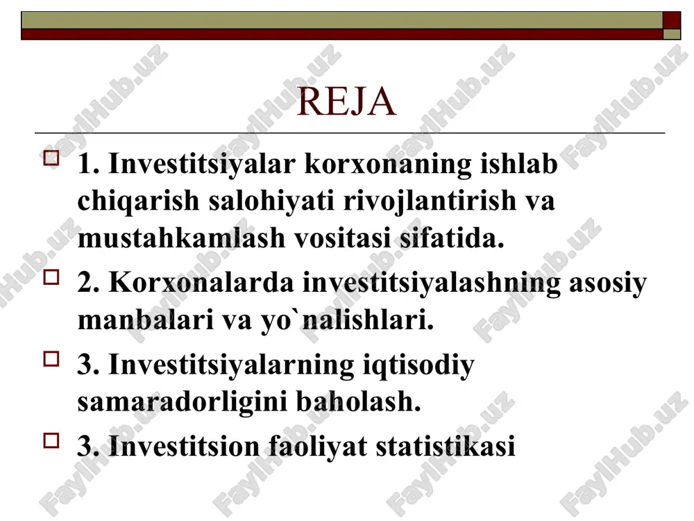 a texnik jihatdan qayta qurollantirish; harakatdagi quvvatlarni takomillashtirish. yangi qurilishga yangi maydonlarda maxsus ishlab chiqilgan loyihalar asosida quriluvchi korxona, bino, inshoot va qurilmalar mansubdir. faoliyat yuritayotgan korxonani kengaytirish qo`shimcha ishlab chiqarish majmualarining navbatdagi qismlarini yangi loyiha asosida qurish yoki asosiy, qo`shimcha, yordamchi va xizmat ko`rsatuvchi ishlab chiqarishning amaldagi sexlarini kengaytirish yoki qurishni anglatadi. u asosan, faoliyat yuritayotgan korxona hududida yoki unga tutash maydonlarda amalga oshiriladi. investitsiyalarning har xil turlari uchun turlicha baholash usullaridan foydalanish lozim, bu esa axborot ta`minotining turli darajada bo’lishiga bog’liq. dastlabki real investitsiyalarni baholashda xususiy qarorlar, odatda, jo’n usullar bilan qabul qilinadi. xususiy qarorlarni qabul qilishda investitsiya resurslari qiymatini baholashning quyidagi usullaridan foydalanish mumkin: statistik usullar. bu usullarda vaqt omili hisobga olinmaydi yoki to’liq darajada hisobga olinmaydi. bularning uchta usullari mavjud: xarajatlarni taqqoslash; foydani taqqoslash; rentabellikni taqqoslash (investitsiyalar bilan bog’liq risklarni aks ettiradigan xarajatlarning qoplanish usuli). sof diskontlangan daromad butun hisobot davri uchun joriy samaralar yig’indisining boshlang’ich …