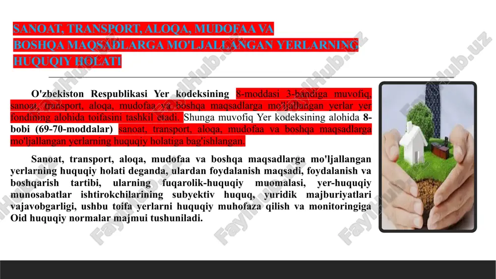 shlash yo'li bilan amalga oshiriladi. transport maqsadlariga mo'ljallangan yerlarning huquqiy holati mamlakatimizda transport maqsadlariga mo`ljallangan yerlarning ahamiyati ushbu sohaning jadal rivojlanishi munosabati bilan tobora ortib bormoqda. temiryo'l transport kommunikatsiyalarini yanada rivojlantirish ishlari, temiryo'l tarmoqlarini elektrlashtirish loyihalari izchillik bilan amalga oshirilmoqda. transport maqsadlariga mo'ljallangan yerlar quyidagi o'ziga xos xususiyatlari bilan tavsiflanadi: yo'l harakati faoliyatini ta'minlash uchun beriladi; asosan ommaviy mulkda bo'ladi; ularning asosiy foydalanish maqsadi transport obyektlarini joylashtirish uchun hududiy bazis vazifasini bajarishdan iborat bo'ladi; o'ziga xos ichki tuzilmasiga — umumiy foydalanishdagi yo'llar, airatilgan mintaqa va muhofaza zonalariga ega. temiryo'l transportining huquqiy holati esa, o'zbekiston respublikasining 1999-yil 15 apreldagi "temiryo'l transporti to'g'risida"gi 7661-sonli qonuni bilan tartibga solinadi. ichki suv transporti uchun mo'ljallangan yerlarning huquqiy holati o'zbekiston respublikasining 1993-yil 6-maydagi ”suv va suvdan foydalanish to'g'risida”gi qonuni bilan belgilangan. xususan, uning 18-bobi suv obyektlaridan suv transporti ehtiyojlari uchun foydalanishga bag'ishlangan. havo transporti maqsadlarga mo'ljallangan yerlarning huquqiy holati esa, o'zbekiston respublikasining 1993-yil 7-maydagi havo …