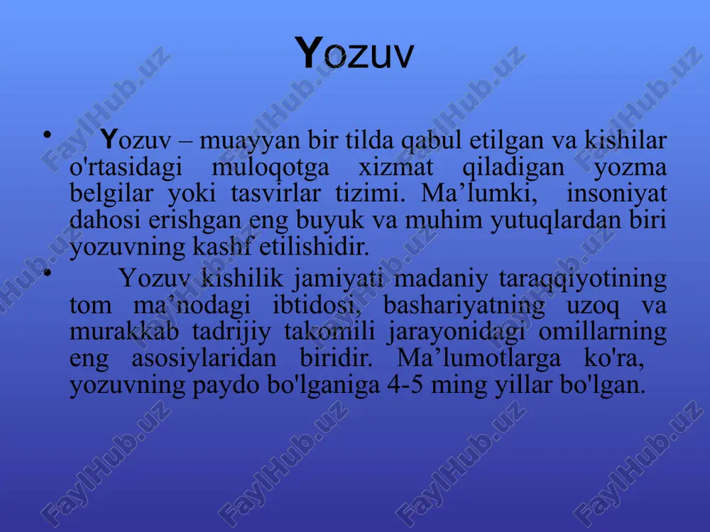ir ko'zlik», «ziyraklik», «hushyorlik» tushunchalarini aynan rasmda ifodalab bo'lmaydi, ularni shu holatlarni kuzatuvchi, ya’ni ko'zni tasvirlash orqali berish mumkin bo'lgan. bunda piktografik yozuvda ko'z rasmi berilganda ko'zning o'zi tushunilgan, ideografik yozuvda esa, «o'tkir ko'zlik», «ziyraklik», «hushyorlik» tushunilgan. er.avvalgi iii ming yillik er.fvvalgi bizning era vi v iii ii i ii … ix xx xxi ideografiya ierogliflar «inson» ieroglifining rivoji «tog‘» ieroglifining rivoji daraxtlar daraxt odam +daraxt qadimgi misr yozuvi ierogliflar – bu qadimiy misr (va b.) yozuvining belgilari bo‘lib, ular bir so‘z yoki bir nechta tovushni bildirgan. . 14 – «og’iz» so’zi va «r» tovushi – «non» so’zi va «t» tovushi «omoch» so‘zi va «m» va «r» tovushlarining birikmasi – unli tovushlar ierogliflar bilan ifodalanmas edi ! misr yozuvida 700dan ortiq ieroglif bo‘lgan ! takje mojno obratitsya k illyustratsiyam v uchebnike: «egipetskie ieroglifi» , s. 60, i «oboznachenie chisel», s. 61. 15 bu rasmda qadimgi misrliklik kotib bilimlar va yozuvlar …