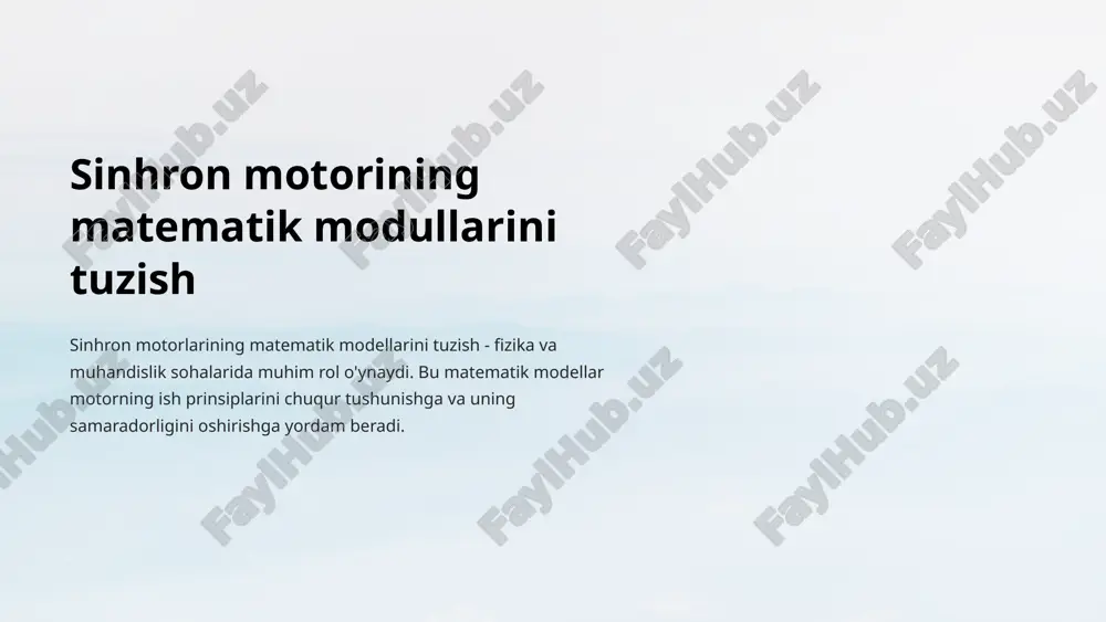 lar yoki boshqa usullar orqali motor parametrlarini chuqur o'rganish. 2 hisoblash samaradorligi matematik modelni yanada tezkor va qisqa vaqtda hisoblash imkonini beruvchi raqamli usullar va algoritmlarni qo'llash. 3 modelni tasdiqlab olish matematik model bilan tajribaviy ma'lumotlarni taqqoslash va ularning mos kelishini tekshirish. 4 avtomatlashtirish matematik modelni kompyuter dasturlarida avtomatlashtirib, loyihalash va ishni optimallashtirish jarayonlarini tezlashtirish. 8 matematik modellarning amaliy ahamiyati dizayn matematik modellar sinkron motorlarining samarali dizaynini yaratish uchun muhim vosita. modellashtirish matematik modellar asosida motor xulq-atvorini aniq taxmin qilish va modellashtirish mumkin. optimallashtirish matematik modellar yordamida motor parametrlarini eng maqbul qiymatlarini aniqlash. tahlil sinkron motorlarning matematik modellarini tahlil qilish ularda sodir bo'lishi mumkin muammolarni aniqlash imkonini beradi. 9 matematik modellar va raqamli boshqaruv tizimlar raqamli boshqaruv sinkron motorlarning matematik modellarini raqamli boshqaruv tizimlarida qo'llash yanada samarali nazorat va optimallashtirishga imkon beradi. diskretsiya va stabillashtirish raqamli tizimlar model asosida diskretsiya va motorni stabillashtirish muammolarini hal qiladi. samaradorlikni oshirish matematik modellar …