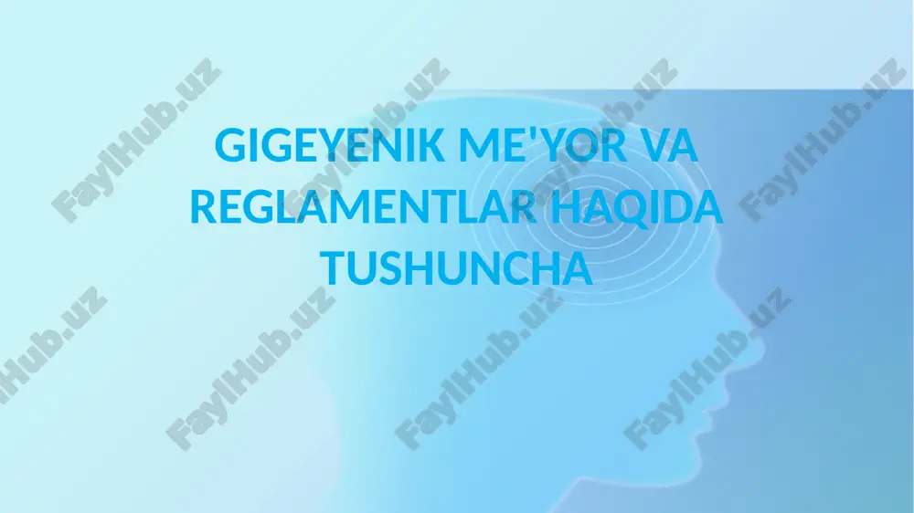 n gigiyenik me’yorlarni yoki reglamentlarni kiritilishini taqozo qiladi. shundan kelib chiqib, eng muhim gigiyenik normativlardan biri bo‘lgan sanitariya qoidalari va me’yorlar (san q va m) ni keltirish mumkin. gigiyenik reglamentlar deganda odam organizmiga negativ ta’sir ko‘rsatuvchi omillarga nisbatan o‘rnatiladigan me’yorlarni nazarda tutiladi. bu omilning ta’sir ko‘rsatish tabiatiga ko‘ra ular quyidagilarga bo‘linadi: rek - ruxsat etiladigan konsenratsiya (masalan, havo, suv, oziq-ovqat mahsulotlari tarkibida bo‘ladigan kimyoviy moddalarga o‘rnatilgan reklar), red - ruxsat etiladigan daraja (masalan, shovqin, tebranish va radioaktiv ifloslanishlarning redlari), red – ruxsat etiladigan doza (masalan, ionlantiruvchi nurlarning red). har qanday holatda ham ruxsat etiladigan degan so‘z shu ma’noni anglatadi-ki, mazkur miqdordan oshib ketgan sharoitda bu omillar shu odamning o‘zigagina emas, balki uning kelgusi avlodi uchun ham xavfli hisoblanadi. bugungi kunda o‘zr da 100 dan ortiq gigiyenik normativ hujjatlar tasdiqlangan va amaliyotda qo‘llash uchun tavsiya qilingan bo‘lib, ularning asosiylari san q va m hisoblanadi. bu hujjatlarning aksariyat qismi oldin o‘rnatilgan normativlar …