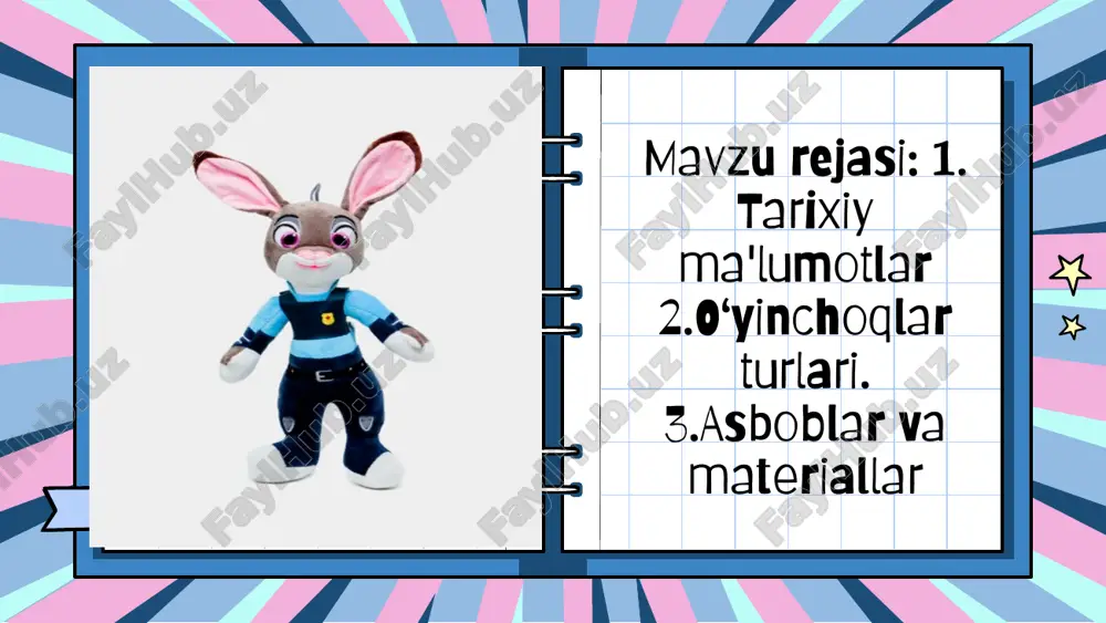 shlardan, tayoqlardan va loydan qilingan. ming yillar oldin misrlik bolalar tosh, sopol va yog'ochdan yasalgan pariklari va oyoq-qo'llari harakatlanuvchi qo'g'irchoqlar bilan o'ynashgan o'yinchoqlar evolyutsiyasini qo'g'irchoqlar misolida kuzatish mumkin. eng qadimgi qo'g'irchoqlar oddiygina yog'ochdan o'yilgan yoki o'tdan bog'langan. qadimgi misrda qo'g'irchoqlar allaqachon oyoq-qo'llarini harakatga keltirishlari mumkin edi. 20-asr boshidagi qo'g'irchoqlar allaqachon "ona" deb aytishni bilishgan turli-tuman yog’ochdan yasalgan o’yinchoqlar(hindiston) yumshoq oʻyinchoq — sunʼiy moʻyna, mato va toʻldirilgan materialdan tayyorlangan bolalar oʻyinchoqlari. turli vaqtlarda somon, paxta, paxta tolasi va boshqalarni toʻldirish uchun ishlatilgan. qadimgi oʻyinchoqlar misrda arxeologlar tomonidan topilgan. eng qadimgi maʼlumotlar miloddan avvalgi iii ming yillikka toʻgʻri keladi. bu vaqtda tananing harakatlanuvchi qismlari boʻlgan oʻyinchoqlar ishlab chiqarishda murakkab usullar allaqachon qoʻllanilgan. 19-asrda fransiyada oʻyinchoq sanoatining boshlanishi deb hisoblash mumkin boʻlgan „fransuz oʻyinchoq ishlab chiqaruvchilari sindikati“ tashkil topdi. 20-asr boshlarida ayiqchalarni ommaviy ishlab chiqarish boshlandi va bu mahsulotlarga talab ortdi. 30k o'yinchoq sotib olayotganda 4 ta asosiy mezonni hisobga olish kerak: xavfsizlik …
