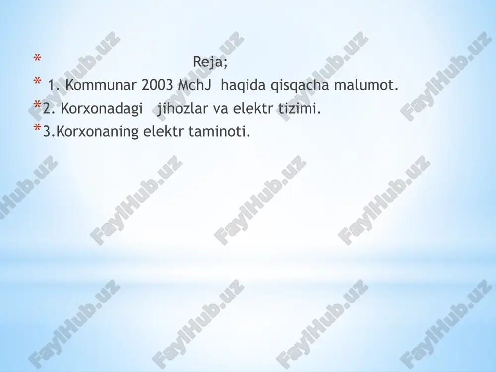 ishiga va mahsulotning raqobat bardoshligiga olib keladi. bu prees kammunar 2003 hususiy korxonasiga kirishda o’ng tarafda joylashgan prees hisoblanadi. bu preesning bosish kuchi 160 tonnani tashkil etadi. bu preesda asosan cobalt automobiliga kerakli bo’lgan detal bosqichma bosqich ishlab chiqariladi. preesning qoliplari almashtirilayotganda uning oldida turgan boshqaruv pultidan foydalaniladi. detal qoliplari prees bilan bolt va gayka orqali birlashtiriladi. bu jarayonda men ham ishtirok etdim. kommunar 2003 korxonasi mashinlarga extiyot qismlari ishlab chiqarish bilan shug’ullanadi . u hoxirda cobalt , tracker,10x centra kabi mashinalarga 12 xil detal ishlb chiqaradi. hozirda bu korxonada 10 ta press,1 ta qaychi, 1 ta kran balka va kontakt svarkadan foydalaniladi. bu korxona 2003-yilda tshkil etilgan bo’lib 2005 yilda faoliyat ko’rsatishni boshlagan. undagi hamma jihozlari 380 v kuchlanish bilan ishlaydi. hozirda bu korxonada 16 ta ishchi ishlaydi. ish vaqti ikki smenada tashkil etilgan bo’lib ishchixodimlar uchun yaxshi sharoitlar yaratilgan. bu yerdagi jihozlarning hammasi havo bilan ishlaydi. avtomabillar uchun …