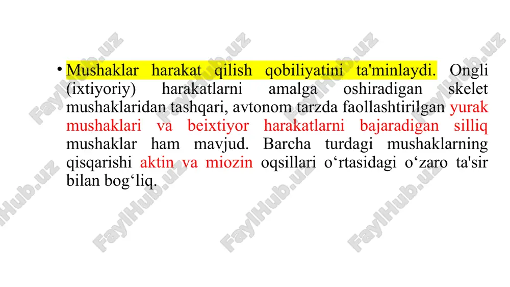 m tarkibiy qismidir; u barcha mushak oqsilining 20-25% ni tashkil qiladi. f-aktin sitoskeletonning muhim tarkibiy qismidir . bu fibrillyar polimer monomerik g-aktin bilan muvozanatda. yana ikkita mushak oqsili tropomiozin va troponindir. tropomiozin (64 kda) f-aktin bilan dimerik tayoqchalar shaklida bog'lanib, yettita aktin birligidan iborat hududlarni birlashtiradi. geterotrimer troponin (78 kda) tropomiozinning bir uchi bilan bog'langan. ro'yxatda keltirilgan oqsillardan tashqari, mushaklarda boshqalar ham mavjud: aktin (ma'lum bo'lgan oqsillarning eng kattasi, uning massasi 3000 kda ga etadi), α- va β-aktininlar, desmin va vimentin. neyromediatorning hosil bo‘lishi va ta’siri kaltsiy ionlari bilan tartibga solinishi bo'shashgan skelet mushaklarida troponin-tropomiyozin kompleksi miyozin boshlari va aktin filamentlari o'rtasidagi aloqani oldini oladi. troponin uch xil subbirlikdan iborat: kaltsiy kanallarining ochilishi natijasida yuzaga kelgan sitoplazmik ca2+ kontsentratsiyasining tez ortishi ca2+ ning kalmodulinga juda o'xshash troponinning c subbirligi bilan bog'lanishiga olib keladi . natijada, troponin molekulasida konformatsion o'zgarishlar ro'y beradi, shuning uchun butun troponin-tropomiyozin kompleksi asta-sekin siljiydi, miyozinni bog'lash …