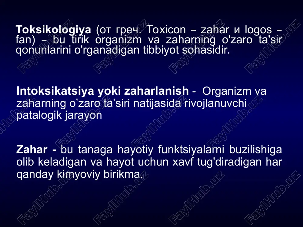 ugiar (akonit,oq pogonka, sikuta,ilon, chayon zahri) bilan zaharlanishlar. 6. jangovor zaharlovchi moddalar (zarin, chirin, fosgen, harbiy kimyoning sintetik zaharli moddalari) bilan zaharlanishlar. klinik belgilarning namoyon bo‘lishiga qarab: yengil o’rta o’g’ir o’ta og’ir o’lim bilan tugaydigan zaharlanishlaming umumiy diagnostika usullari klinik diagnostika- anamnestic ma’lumotlar, voqea joyidagi ko’rik xulosalari, kasalning klinik ko’rinishiga asoslanadi. elektroensefalogramma-bosh miya bioelektrik faolligini aniqlaydi. elektrokardiogramma- yurakning toksik jaro-hatlanish xususiyati darajasini, ritm hamda o’tkazuvchanlik buzilishini baholashda ahamiyatli * zaharlanishlar laborator diagnostikasining asosiy 3 yo'nalishi mavjud: organizm biologik suyuqliklaridagi zaharli moddalami maxsus toksikologik aniqlash; qon biokimyoviy tarkibining zaharlanishga xos xarakterga o'zgarishini aniqlash; qon biokimyoviy tarkibini o'ziga xos xarakterda bo'lmagan o'zgarishini aniqlash, ya’ni jigar, buyrak va boshqa tizimlaming toksik jarohatlanish og'irlik darajasini aniqlash. alkogol va uning surrogatlaridan o‘tkir zaharlanish etil spirtining 96% li 300—400 ml miqdori o'limga olib kelishi mumkin, ya’ni 4—12 g/kg hisobida. alkogolni komaga olib keluvchi miqdori 3 g/1, o'limga olib keluvchi konsentratsiyasi 6 g/1 ni tashkil etadi. alkogol …
