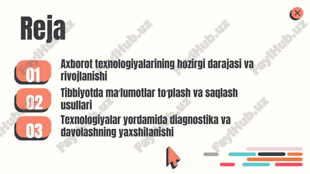 usullari tibbiyotda ma’lumotlar to‘plashning muhimligi: aniq va ishonchli ma’lumotlar patologiyalarni aniqlash va davolash jarayonlarini yaxshilash uchun asosiy. an'anaviy usullar va cheklovlari: qog‘oz shaklidagi yozuvlar va ko‘rinmaydigan ma'lumotlar, xatoliklar va vaqtni ko‘p talab qilishi. zamonaviy axborot texnologiyalarining roli: elektron tibbiyot yozuvlari, mobil ilovalar va sun'iy intellekt yordamida ma’lumotlar yig‘ish va tahlil qilishda. ma’lumotlar to‘plash jarayonida texnologiyalarning qo‘llanilishi: tezkor ma’lumotlarni to‘plash, real vaqt monitoringi va big data analitikasi orqali tashxis va davolash jarayonlarini optimallashtirish. * ma’lumotlarni saqlash va tahlil qilish tibbiyotda ma’lumotlarni saqlash usullari: elektron sog‘liqni saqlash yozuvlari (ehr), ma’lumotlar bazalari va bulutli texnologiyalar yordamida amalga oshiriladi. bu usullar xavfsizlik, qulaylik va tezlikni ta’minlaydi. zamonaviy tahlil usullari: sun’iy intellekt, mashina o‘rganish va katta ma’lumotlar tahlili tizimlari diagnostika va davolash jarayonida muhim rol o‘ynaydi. bu texnologiyalar yordamida aniqroq va samaraliroq qarorlar qabul qilinadi. texnologiyalar yordamida diagnostika jarayoni zamonaviy texnologiyalar tibbiyotda diagnostika jarayonini sezilarli darajada yaxshilaydi. kt, mrt va ultratovush yordamida aniq va tez …