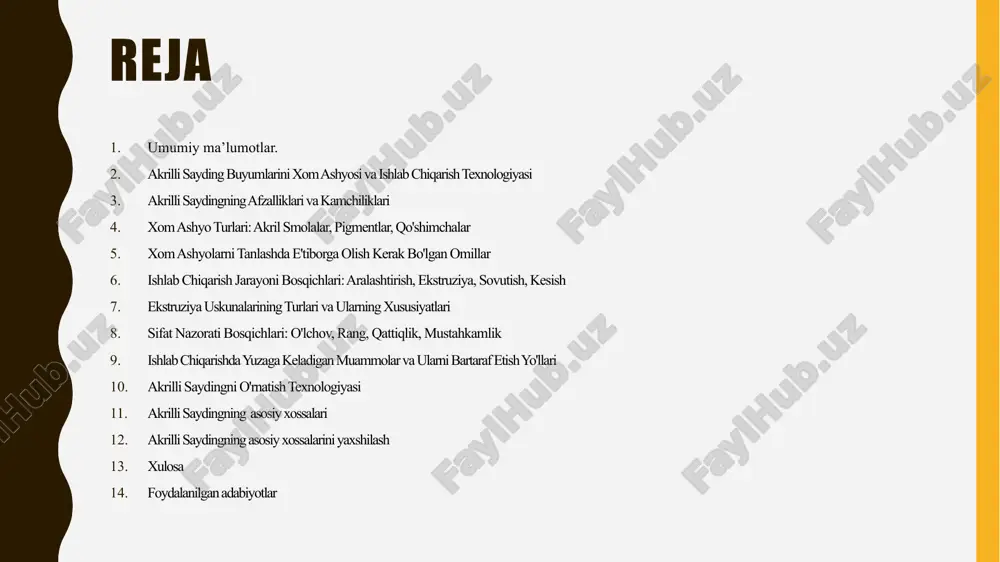 ril plastmassalarga rang berish, uv qarshilik yoki boshqa xususiyatlarni qo'shish uchun qo'shimchalar ishlatiladi.akril saydinglarni ishlab chiqarish jarayoni bir nechta usullarni o'z ichiga oladi, ular quyidagilarni o'z ichiga oladi: akril saydinglarning asosiy materiallari — pmma, metilmetakrilat monomeridan polimerizatsiya orqali olinadi. bu jarayonning davomida monomer yuqori haroratda va bosimda katalizatorlar yordamida polimerlanadi. polimerizatsiya jarayoni mahsulotning sifatiga katta ta'sir ko'rsatadi, shu sababli aniq va barqaror sharoitlar ta'minlanishi kerak. ekstrudatsiya texnologiyasi: ekstrudatsiya usulida, pmma materiallari yuqori haroratda eritilib, maxsus shaklga keltiriladi. bu usulda, akril plitalar yoki boshqa shakllar olinadi. ekstrudatsiya usulida xom ashyo maxsus kalıplar orqali presslanadi va kerakli shaklni oladi. puflash usulida, pmma monomeri maxsus qoliplarga joylashtiriladi va shu yerda polimerizatsiya jarayoni boshlanadi. bu jarayon yuqori sifatli shaffof va qalin akril buyumlar ishlab chiqarish uchun qo'llaniladi. bu usulda, akril materiallar press yordamida shakllantiriladi. presslash jarayonida eritilgan pmma yuqori bosim va haroratda shakllanadi. presslash usuli ko'pincha turli shakldagi akril buyumlar ishlab chiqarish uchun qo'llaniladi. …