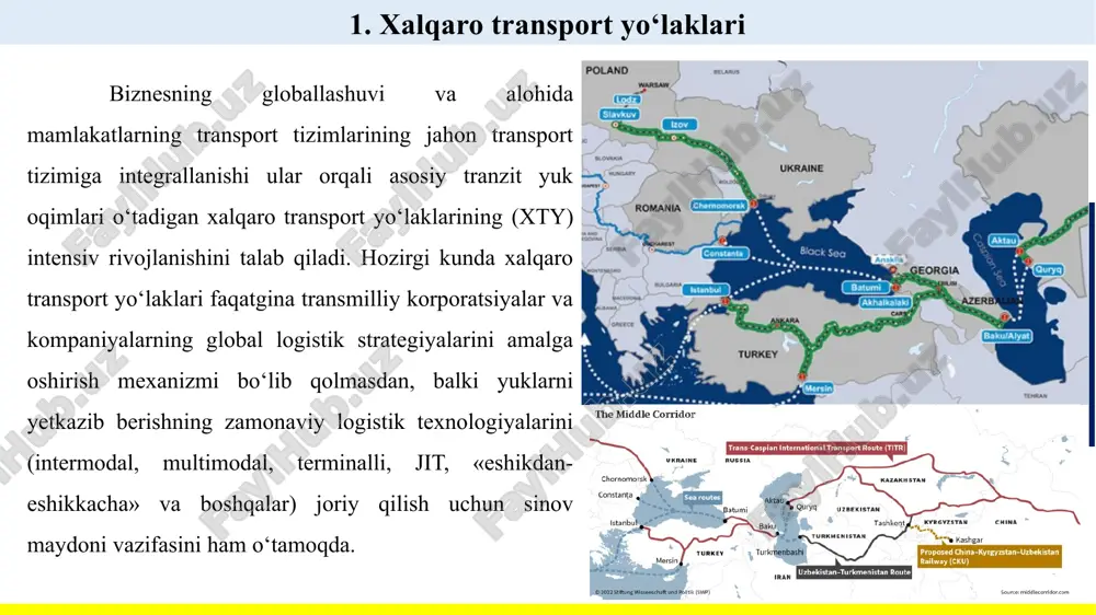 amlakatlar xalqaro transport yo‘laklari o‘zining hududi orqali o‘tishiga erishishga intilmoqdalar. 1. xalqaro transport yo‘laklari davlat katta transport-tranzit salohiyat-ini namoyon qilmoqda, modernizatsiyalash va qurilish ko‘lamlari ham, xorijiy investorlarning o‘zbekiston bilan ham-korlik qilishga bo‘lgan qiziqishlarini ortib bora-yotganligi ham shundan dalolat berib turibdi. 2. o‘zbekistonning transport yo‘laklari 2. o‘zbekistonning transport yo‘laklari 2. o‘zbekistonning transport yo‘laklari 2. o‘zbekistonning transport yo‘laklari 2. o‘zbekistonning transport yo‘laklari 2. o‘zbekistonning transport yo‘laklari 2. o‘zbekistonning transport yo‘laklari 2. o‘zbekistonning transport yo‘laklari 2. o‘zbekistonning transport yo‘laklari 2. o‘zbekistonning transport yo‘laklari 2. o‘zbekistonning transport yo‘laklari 3. transport-logistika servisining zamonaviy amaliyoti transport-logistika servisining zamonaviy amaliyoti o‘zbekistonda yuk oqimlarini boshqarishning tovar harakatining terminalli texnologiyalari va logistika tamoyillariga asoslanadigan mutlaqo yangi tizimini joriy qilishni talab qiladi. o‘zbekistonda mintaqaviy transport-logistika tizimi (mtlt) tarkibida xalqaro transport yo‘laklarini logistik kuzatib borish bir qator masalalarni hal qilish imkonini beradi. mintaqalarda ijtimoiy-iqtisodiy masalalarning hal qilinishi; yangi ish o‘rinlarini yaratish va investitsiyalarni jalb qilish hisobiga aholining bandlik darajasini oshirish; mtltning …