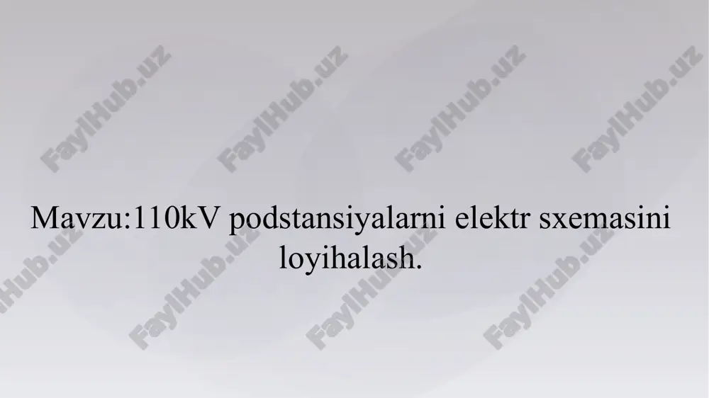 i 2,5 mv·a; 4,0 mv·a; 6,3 mv·a; 10,0 mv·a va xokazo quvvatli trasformatorlarni tanlash tavsiya qilinadi. agar trasformatorlardan biri ishdan chiqsa, elektr ta’minoti toʻxtatilmay, ikkinchisi vaqtinchalik 140 % yuklama bilan ishlashi koʻzda tutiladi. a) ikki hil quvvatli trasformatorlar olish koʻzda tutiladi. i – variant: 4 mv·a; uning oʻta yuklanishi, == 0,59 2 – variant: 6,3 mv·a uning oʻta yuklanishi, ==0,37 stantsiya va podstantsiyalarda kuch transformatorlarini quvvatini va sonini aniqlash. tmn-4000 kva 110/10 kv tmn-6300 kva 110/10 kv texnik iqtisodiy xisobni minimal keltirilgan sarf xarajatlar boýicha xisoblanadi. 1-variant uchun z = rn·kt + i = 0,15*300+63,33=108,3 mln so’m kt = k0 · nt= 150*2=300 mln so’m i = ua.t + ue= 27,9+35,43=63,33 mln so’m ua.t =[(ra +ro )/100]*kt==[(6,3 +3)/100]*300=27,9 mln so’m ue = b · e= 295*120113=35,4 mln so’m elektr stansiyalarini yoki podstansiyalarni bosh elektr sxemasini tanlash 2-variant uchun z = rn·kt + i = 0,15*400+79,58=140 mln so’m kt = k0 …