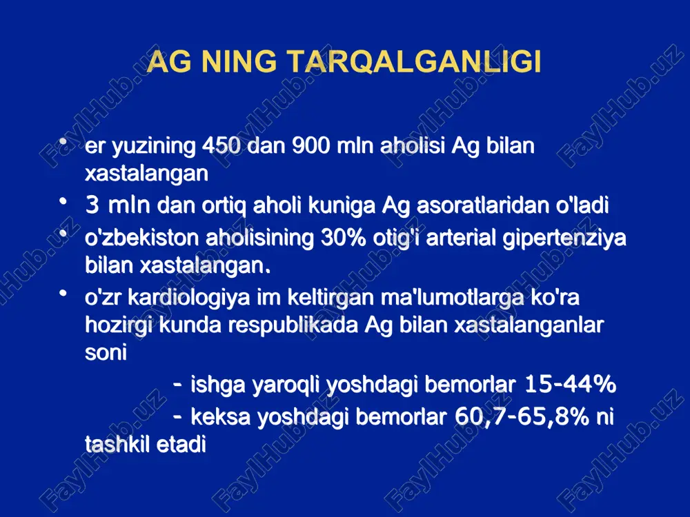 iv ta'sirgaega bo'lmasligi kerak va preparatga tolerantlik rivojlanmasligi kerak; organizmda natriy to'lanishini chaqirmasligi kerak va boshqa dori vositalari bilan o'zaro ta'sirlashganda samaradorligi pasaymasligi kerak; organ shikastlanishlarini oldini olishi va qaytarishi kerak (chap qorincha gipertrofiyasi, nefroangioskleroz, ko'z to'r pardasi shikastlanishi). ujsst 5 ta gurux gipotenziv vositasini ag ning uzoq muddatli davosi uchun qo'llashga tavsiya etgan: angiotenzin o'zgartiruvchi ferment ingibitorlari (ao'fi); at1-angiotenzin retseptorlari blokatorlari; tiazidli (va tiazidsimon) diuretiklar; sekin kaltsiy kanallari blokatorlari; beta-adrenoretseptorlar blokatorlari; alfa adrenoblokatorlar markaziy imidazolin retseptorlari agonistlari ag terapiyasi algoritmi 55 yosh apf-i yoki at-i retseptori blokatorlari (a) diuretiklar yoki kaltsiy anta-gonistlari (d yoki k) 1-qadam a + k yoki a + d 2-qadam a + k + d 3-qadam qo'shimcha: diuretiklar, alfa-blokatorlar yoki betta-blokator bilan davolash 4-qadam ao'f ingibitorlari ao'f ingibitorlarining farmakokinetik klassifikatsiyasi [l.opie (1994), o'zgarishlar va qo'shimchalar bilan] i-sinf lipofil preparatlar: kaptopril, alatsepril, altiopril ii-sinf lipofil prodorilar iia-guruxcha asosan buyraklar orqali chiqariluvchi preparatlar (60% dan ko'proq): benazepril, …