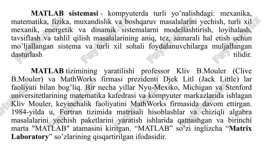 microsoft office, maple sistemasi va boshqa bir qancha dasturlarga bevosita bog’lash orqali shu dasturlarda ishchi varag’ida matlabda mavjud buyruqlardan “jonli” ravishda foydalanish mimkin. masalan microsoft office excelda matlab buyruqlaridan foydalanish orqali undagi ishlarni osonlashtirish mumkin. microsoft office wordda(word+notebook) esa matlab tizimi buyruqlaridan foydalanib, “jonli” elektron darsliklar, qo’llanmalar, prezentatsiyalar va turli ko’rinishdagi “jonli” elektron hujjatlar yaratish imkoniyatlari mavjud. 1-rasm. matlab tizimining asosiy oynasi sarlavha satri; 5. komandalar ishchi varag’i; asosiy menyular satri; 6. oxirgi yozilgan komandalar ro’yxati; uskunalar paneli; 7. holat satri. ishchi soha; matlab tizimi interfeysi. matlab tizimining asosiy oynasi quyidagicha ko’rinishda bo’lib, quyidagi bo’limlardan iborat: file — fayllar bilan ishlash menyusi edit — tahrirlash menyusi view — uskunalar panelini chiqarish va yopish menyusi asosiy menyular satri quyidagi menyulardan iborat. menyu buyruqlari: fayllar bilan ishlaydigan standart buyruqlarni o’z ichiga olgan file menyusining 1-bandi new buyrug’i bo’lib, unda m-file, figure, model, gui bandlari mavjud. new+m-file – yangi m-file yaratish new+figure – …