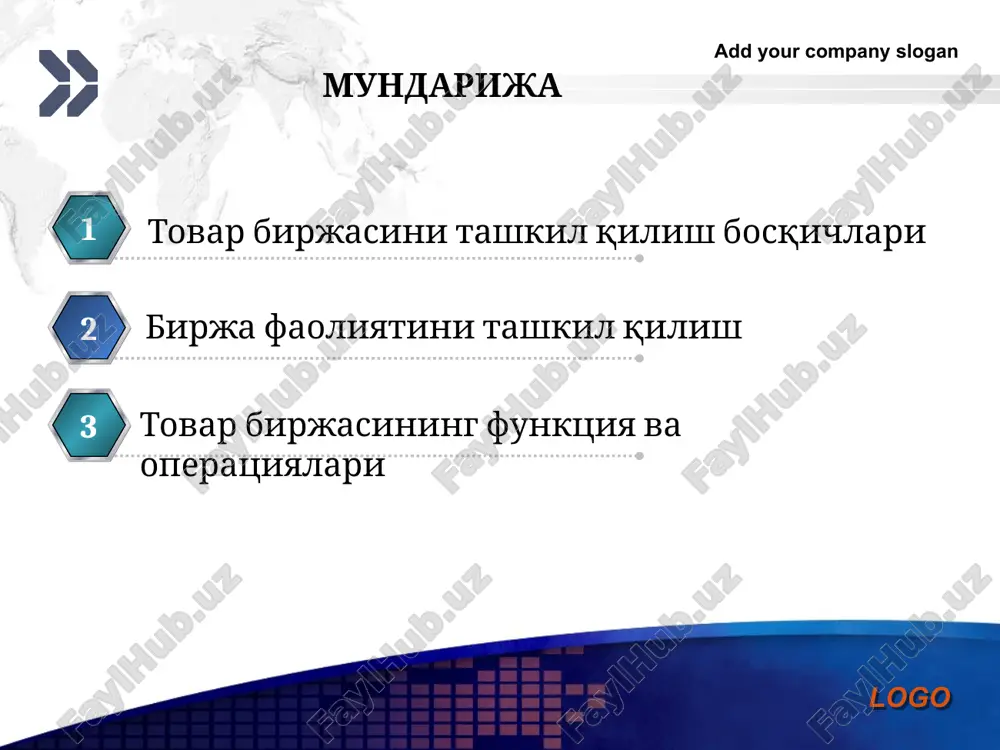 a xaridorlar o'rtasidagi bitimlarni amalga oshirish imkonini beruvchi sayt tovar birjasida arizalarni e'lon qilish va bitimlarni amalga oshirish imkonini beruvchi shart-sharoitlar muayyan tovar turi yoki guruhi bo'yicha birja savdolari boshlangan narx muayyan tovar turi yoki guruhi bo'yicha birja savdolari yakunlangan yoki birja savdosi yopilishidagi narx yopilish narxi add your company slogan logo tovar birjasining asosiy tushunchalari oddiy rejim auktsion rejimi qarama-qarshi auktsionlar birja savdolarining majburiyatlar bo'yicha dastlabki to'lov shartisiz amalga oshirilishi birja savdolarining savdo tizimida emas, balki ovozga qo'yish orqali amalga oshirilishi birja savdolarini har ikkala tomonning o'zaro raqobatlashuvi, narxning talab va taklifga mos belgilash asosida amalga oshirish. bunda shakllangan narx bo'yicha sotuvchilar va sotib oluvchilar soni teng bo'lishi shart hisoblanadi. add your company slogan logo yopiq auktsion o'tkazish tartibi auktsionning boshlanishi ishtirokchilar yopiq holda stavkalarni belgilaydilar auktsionning yakunlanishi natijalarni e'lon qilish litsenziyalarni taqdim qilish add your company slogan logo ingliz auktsionini o'tkazish tartibi yo'q yo'q ha auktsionning boshlanishi ishtirokchilar …