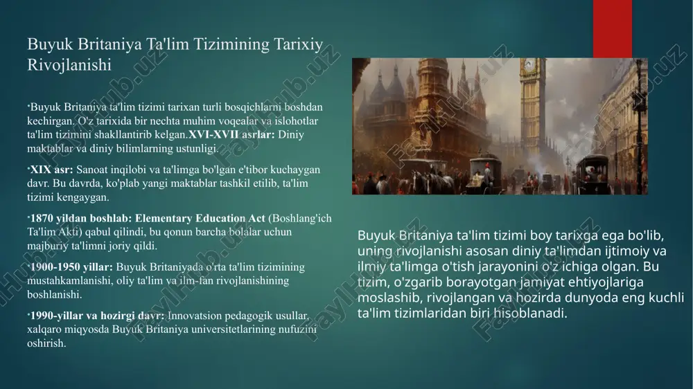 'nikmalarni rivojlantirishga yo'naltirilgan. reception (4-5 yosh): bolalar uchun tayyorgarlik sinfi bo'lib, bu davrda bolalarga o'qish, yozish va matematikaning asosiy tushunchalari o'rgatiladi. maqsadlar: bolalarga o'z-o'zini boshqarish, jamoada ishlash, tilni rivojlantirish. o'yin orqali o'qish va yozish kabi asosiy akademik ko'nikmalarni shakllantirish. ijtimoiy va emosional rivojlanish, mas'uliyatni o'rganish. maktabgacha ta'lim turlari: nursery schools: maxsus tashkil etilgan ta'lim muassasalari, bolalarga o'yin asosida bilim beriladi. preschool/reception classes: maktabgacha bo'lgan yil, 4-5 yoshdagi bolalar uchun. maktabgacha ta'limda o'yin asosida ta'lim metodi qo'llaniladi, bu esa bolalarning o'z-o'zini ifodalashiga yordam beradi. pedagoglar bolalarga asosiy bilimlarni o'rgatishdan tashqari, ijtimoiy ko'nikmalarni ham rivojlantirishadi. buyuk britaniyada boshlang'ich ta'lim 5 yoshdan 11 yoshgacha bo'lgan bolalarni qamrab oladi va bu bosqichda bolalar asosiy akademik bilimlarni o'zlashtiradilar. boshlang'ich ta'limning asosiy maqsadi – bolalarni jamiyatda faol qatnashishga tayyorlash, ularni asosiy fanlar bilan tanishtirish va akademik ko'nikmalarni rivojlantirishdir. yosh oralig'i: key stage 1: 5-7 yosh (1-2 sinf). key stage 2: 7-11 yosh (3-6 sinf). maqsadlar: key …