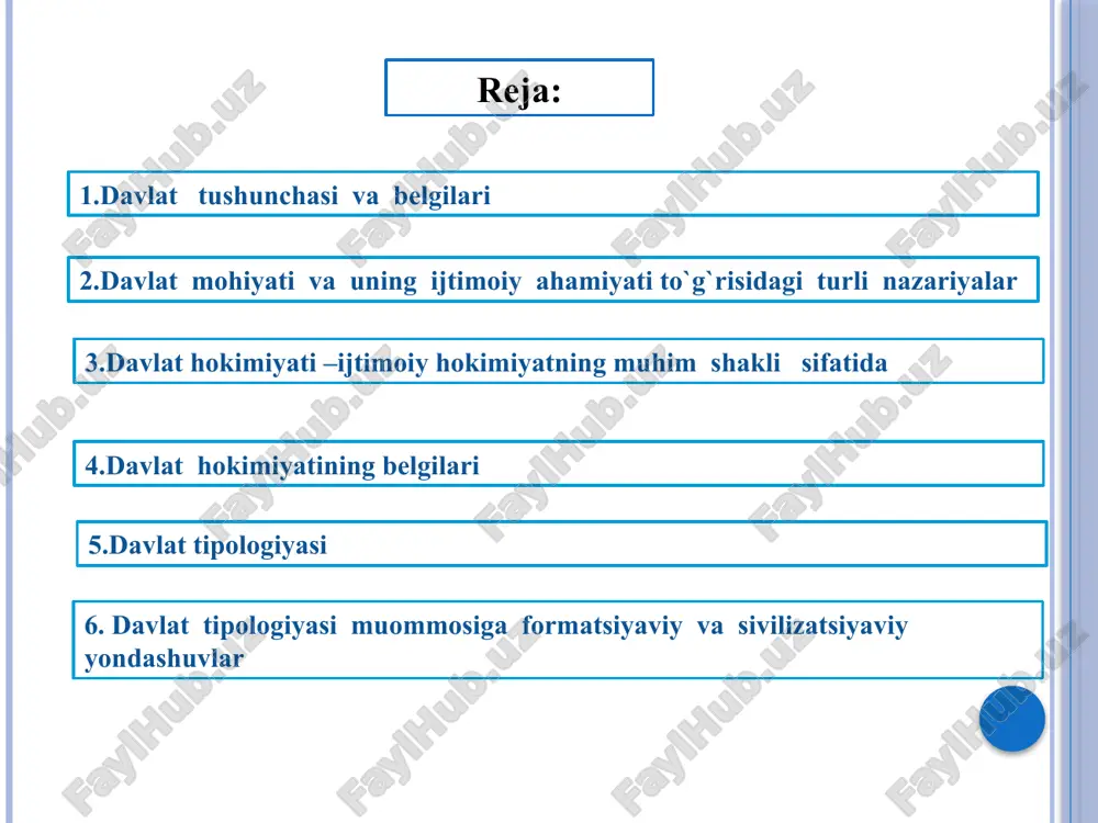 i o`zida mujassamlashtirishi lozim. xx asrning 50-60-yillari d.gelbereyt, r.aron, p.sarokin 3.davlat hokimiyati- ijtimoiy hokimiyatning muhim shakli sifatida davlat hokimiyati - bu davlat majburlov kuchiga tayanadigan, subyektlar o`rtasida hukmronlik va tobelikka asoslanadigan ommaviy-siyosiy munosabatlar tizimidir. 4. davlat hokimiyatining belgilari 1. hokimiyat ijtimoiy hodisa hisoblanadi. 3. hokimiyatning eng muhim belgilaridan biri, bu uning muayyan kuchga egaligidadir. bunday kuch turli xil shaklda bo'lishi mumkin, ya'ni jismoniy kuch, harbiy kuch, avtoritet kuchi, ishonch, estetik ta'sir va b. 2. hokimiyat munosabatlari ikki tomonlama ko`rinishga ega bo`lib, uning muayyan bir subyekti hokimiyat subyekti bo`lsa, ikkinchi tomoni esa hokimiyatga bo`ysunuvchi subyekt hisoblanadi. 4. hokimiyat jamiyat rivojlanishining barcha bosqichlarida xos bo`lgan hodisadir. davlat hokimiyatining belgilari 5. hokimiyat faqat ijtimoiy munosabatlar doirasidagina amalda bo`ladi. 9 5. davlat tipologiyasi davlatning tipi –muayyan davlatlarga xos bo`lgan bir xil, muhim va umumiy belgilar yig`indisidir. 6.davlat tipologiyasi muommosiga formatsiyaviy va svilizatsiyaviy yondashuvlar. davlatning tiplari formatsion yondashuv svilizatsion yondashuv qadimgi sharq qadimgi afina qadimgi …