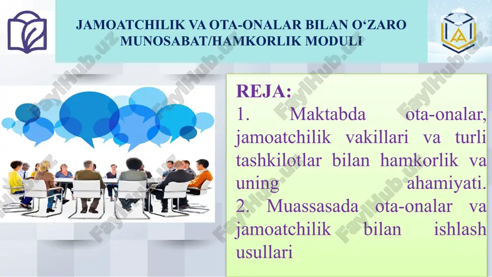 himiz kerak - maktabimizni xozirgi holatiga nisbatan imkoniyatlarini kengaytirish uchun nimalar qilish kerak? - bu jarayonda ota-onalar va boshqa mutasaddilar imkoniyatlaridan qanday foydalanishimiz kerak? (moddiy, ma’naviy, kasbiga qarab) - ular bilan bugungi kunda yetarli darajada hamkorlikni yo‘lga qo‘yganmizmi? - ular bilan hamkorlikni yangi, zamonaviy bosqichga olib chiqish uchun qanday choralarni ko‘rishimiz muhim? “maktabingizni kelajakdagi imidjini tasvirlang va mayl uyg‘oting” (o‘zaro tajriba almashishni nazarda tutuvchi rejalashtirish metodi) - maktabingizni obro‘si, nufuzi nimalar bilan belgilanadi? - maktabingiz kelajakda qanday imkoniyatlarga ega bo‘ladi? - bugungi kunda ma’naviy-ma’rifiy ishlar bo‘yicha direktor o‘rinbosari sifatida ushbu imkoniyatlar, shart-sharoitlarni yuzaga keltirish uchun nimalar qilyapsiz? - nimalarni rejalashtiryapsiz? - bu borada ota-onalar va boshqa mutasaddilar bilan ma’naviy-ma’rifiy ishlar bo‘yicha direktor o‘rinbosari sifatida qanday hamkorlik aloqalarini o‘rnatgansiz? «“injiq” ota-onalar» rolli o‘yini metodi 9 «“injiq” ota-onalar» rolli o‘yini metodi 1-2-guruh (tasavvur qilamiz: maktab rahbariyati tomonidan ota-onalar yig‘ilishi tashkil etilgan. ushbu yig‘ilishda aksariyat ota-onalar biror muammo bilan maktabning ma’naviy-ma’rifiy ishlar bo‘yicha …