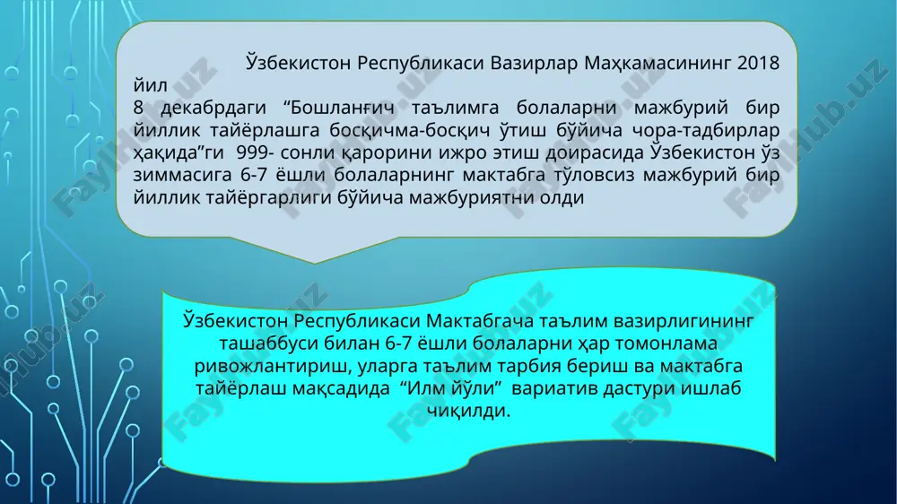 ixtisoslashtiril gan tiplardagi davlat va nodavlat ta'lim tashkilotlarida; maktabgacha va boshlang'ich ta'lim tizimi uchun kadrlar tayyorlashni amalga oshiradigan o'rta-maxsus va oliy ta'lim muassasalarida; maktabgacha va umumiy o'rta ta'lim tizimi uchun pedagog-kadrlarnining malakasini oshirish va ularni qayta tayyorlash jarayonini amalga oshiruvchi muassasalarda. “ilm yo'li” variativ dasturi quyidagi o'quv muassasalarida qo'llaniladi har bir maktabgacha ta'lim tashkiloti, shu jumladan, maktabgacha ta'limning muqobil shakllari xududiy, milliy, ijtimoiy-iqtisodiy va boshqa shart-sharoitlardan kelib chiqib, o'z muqobil shakllarini ishlab chiqishi mumkin. dastur asosiga bola shaxsining rivojlanishidagi asosiy sohalar (jismoniy rivojlanish va sog'lom turmush tarzini shakllantirish; ijtimoiy-hissiy rivojlanish; nutq, muloqot, o'qish va yozish malakalari; bilish jarayonining rivojlanishi; ijodiy rivojlanish) bo'yicha o'zbekiston respublikasida ilk va maktabgacha yoshdagi bolalarning rivojlanishiga qo'yiladigan davlat talablari kiritildi. «ilm yo'li» variativ dasturi xi bobdan iborat. i bob. dasturning maqsad, vazifa va tamoyillari ii bob. 6 yoshdan 7 yoshgacha bolalar rivojlanishidagi o'ziga xosliklar iii bob. maktabgacha yoshdagi bolalarning ta'limida kompetentlilik yondashuvi iv bob. o'qitishga yondashuvlar …