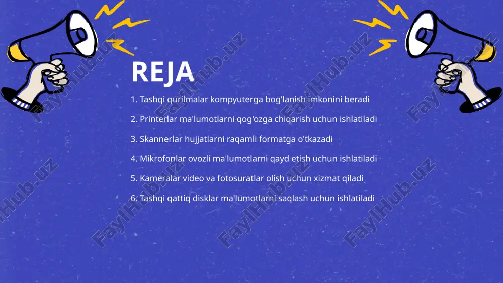 ni tezkor olish - raqamli dokumentlar tezda topiladi va ulardan foydalanish jarayoni soddalashtiriladi. xavfsizlik va himoya - raqamli hujjatlar maxfiyligi va xavfsizligini ta'minlaydi, ularga kirish nazorat qilinishi mumkin. 5 mikrofonlar ovozli ma'lumotlarni qayd etish uchun ishlatiladi mikrofonlarning vazifasi - mikrofonlar ovozlarni qabul qilib, elektr signaliga aylantiradi. bu jarayon ovozli ma'lumotlarni qayd etish uchun zaruriy asosdir. turli xil mikrofon turlari - barcha mikrofonlar bir xil emas. dinamik va kondensator mikrofonlari kabi turlar turlicha foydalaniladi va ovoz sifatini ta'minlaydi. qayd etish jarayoni - mikrofon ovozlarni qabul qilgandan so'ng, ularni audio qurilmalarga yuboradi. bu jarayon ovozli ma'lumotlarni saqlash imkonini beradi. mikrofonlardan foydalanish sohalari - mikrofonlar ko'plab sohalarda, jumladan musiqa yozishda, televidenie va san'atda keng qo'llaniladi. ular insonlar bilan muloqot qilishda muhim rol o'ynaydi. 6 kameralar video va fotosuratlar olish uchun xizmat qiladi kameralar va ularning funksiyalari - kameralar tasvirni olish uchun mo'ljallangan qurilmalardir video olish imkoniyatlari - kameralar nafaqat fotosurat, balki harakatdagi tasvirlarni …